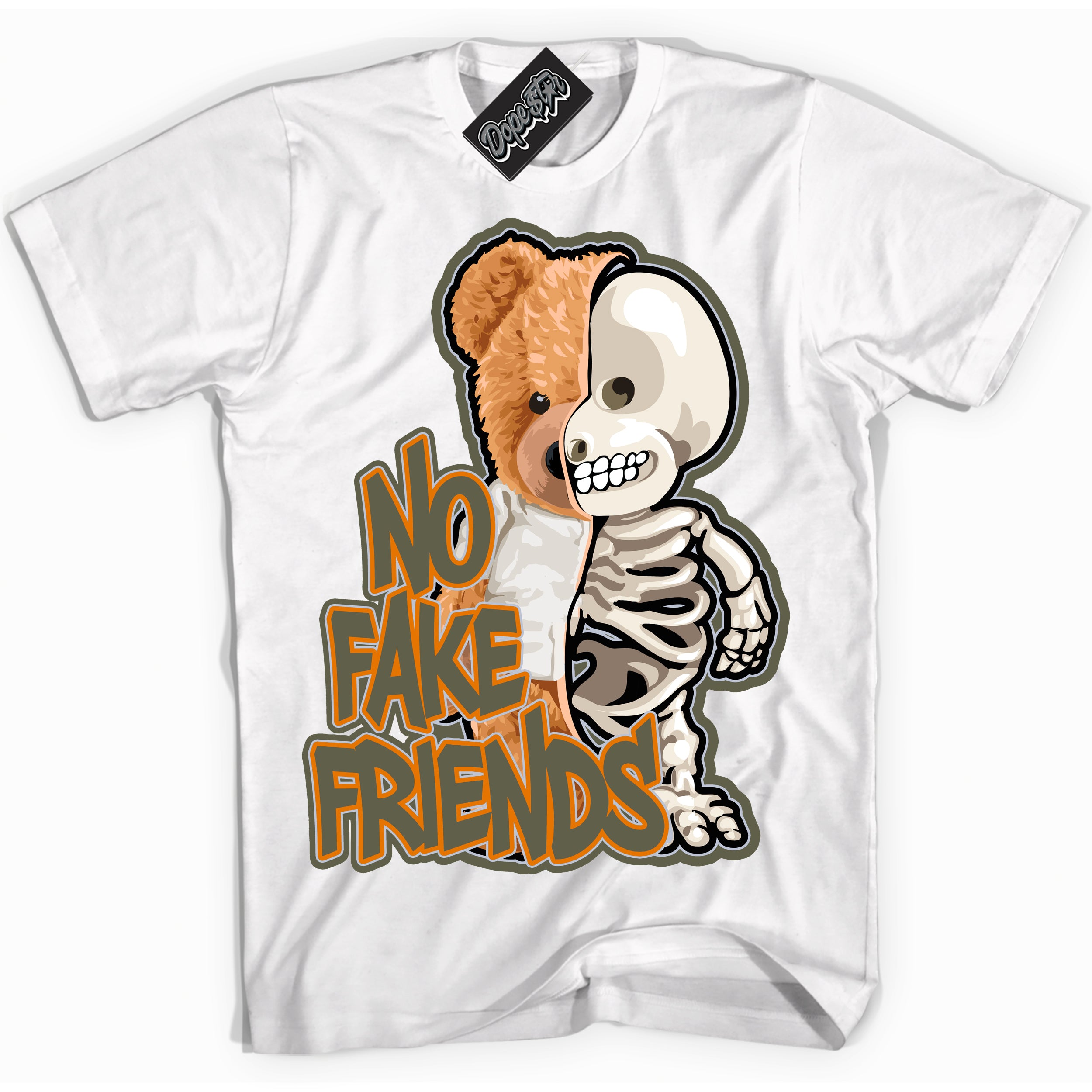 Cool White Shirt with “ No Fake Friends” design that perfectly matches Olive 5s Sneakers.