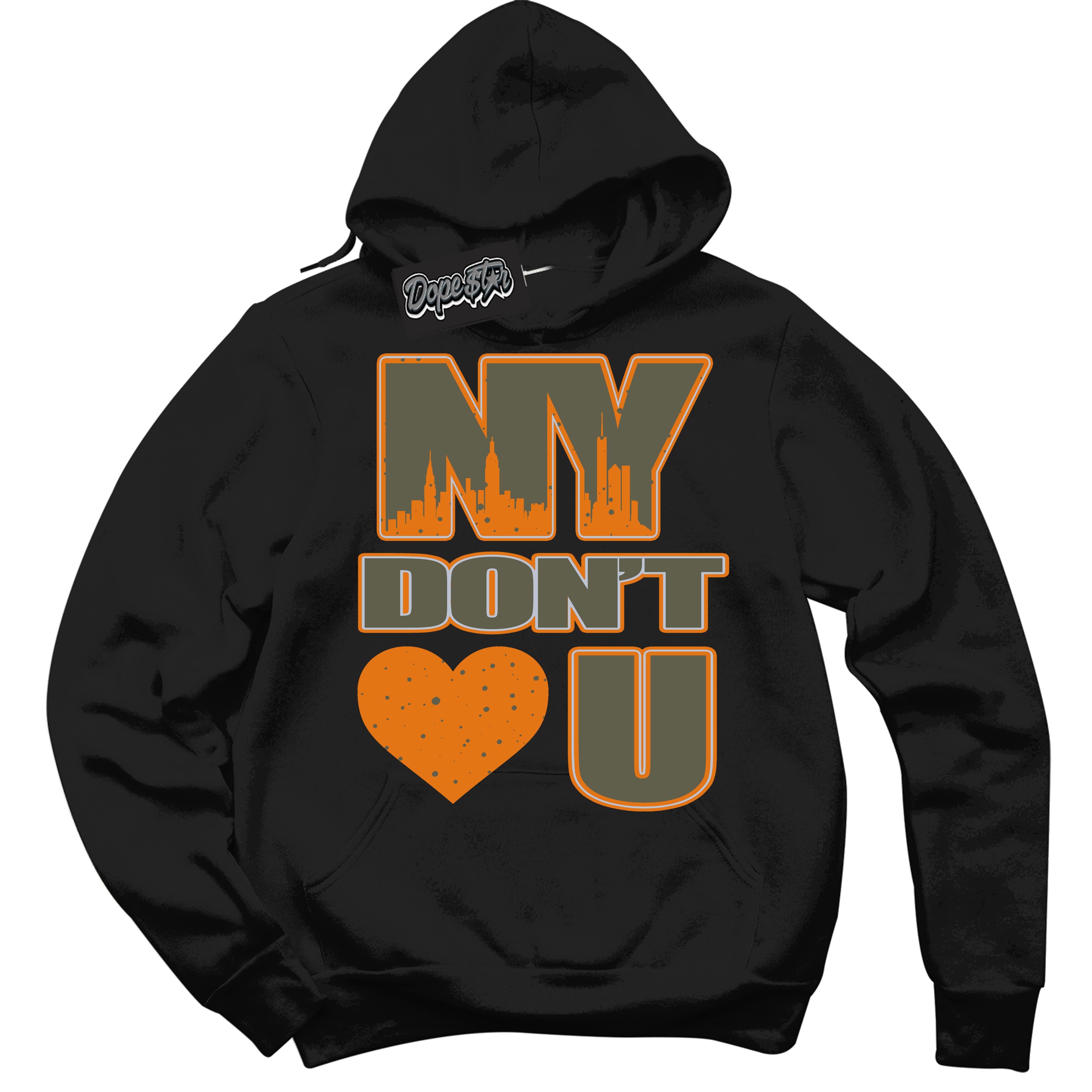 Cool Black Hoodie with “ NY Don't Love You ”  design that Perfectly Matches Olive 5s Sneakers.