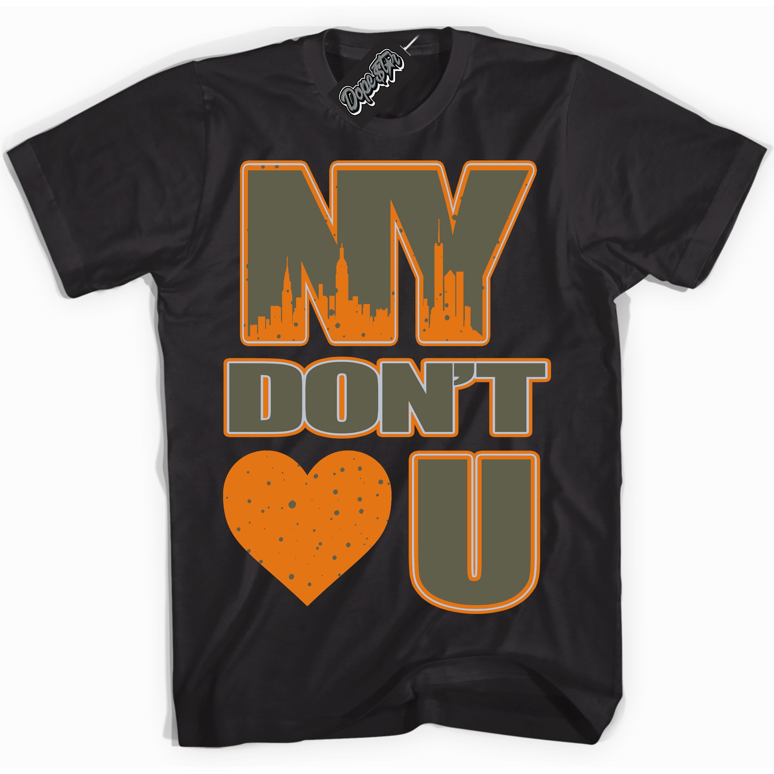 Cool Black Shirt with “ NY Don't Love You” design that perfectly matches Olive 5s Sneakers.