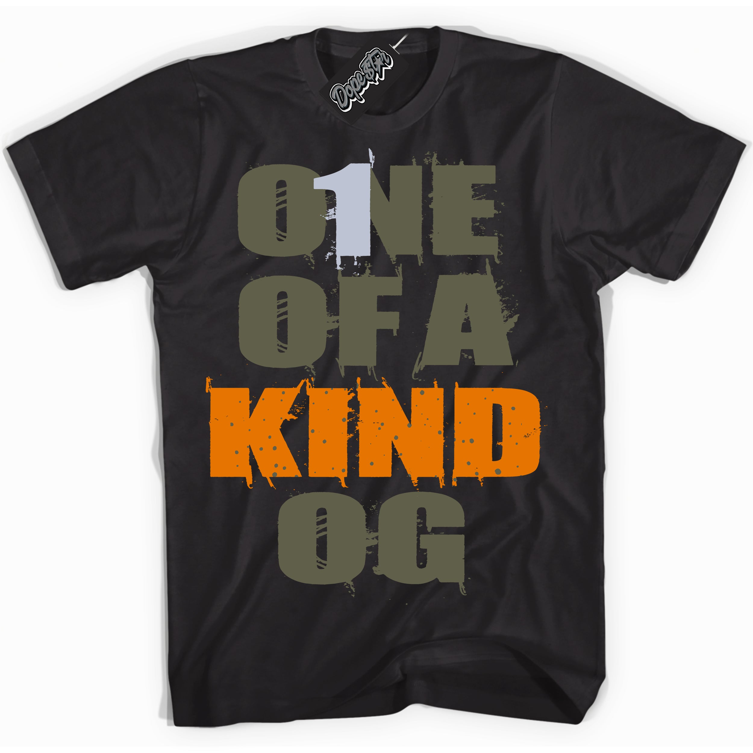 Cool Black Shirt with “ One Of A Kind” design that perfectly matches Olive 5s Sneakers.