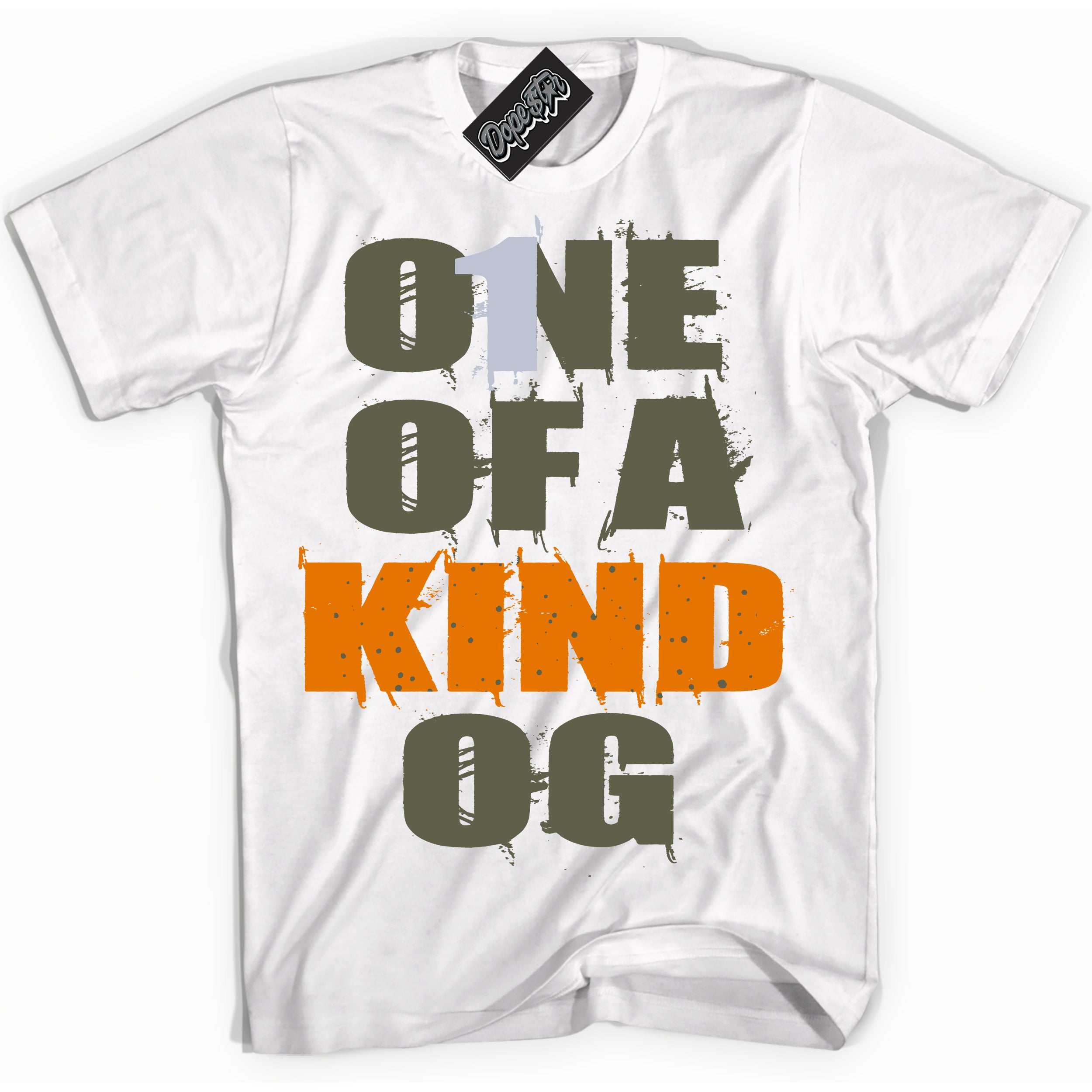 Cool White Shirt with “ One Of A Kind” design that perfectly matches Olive 5s Sneakers.