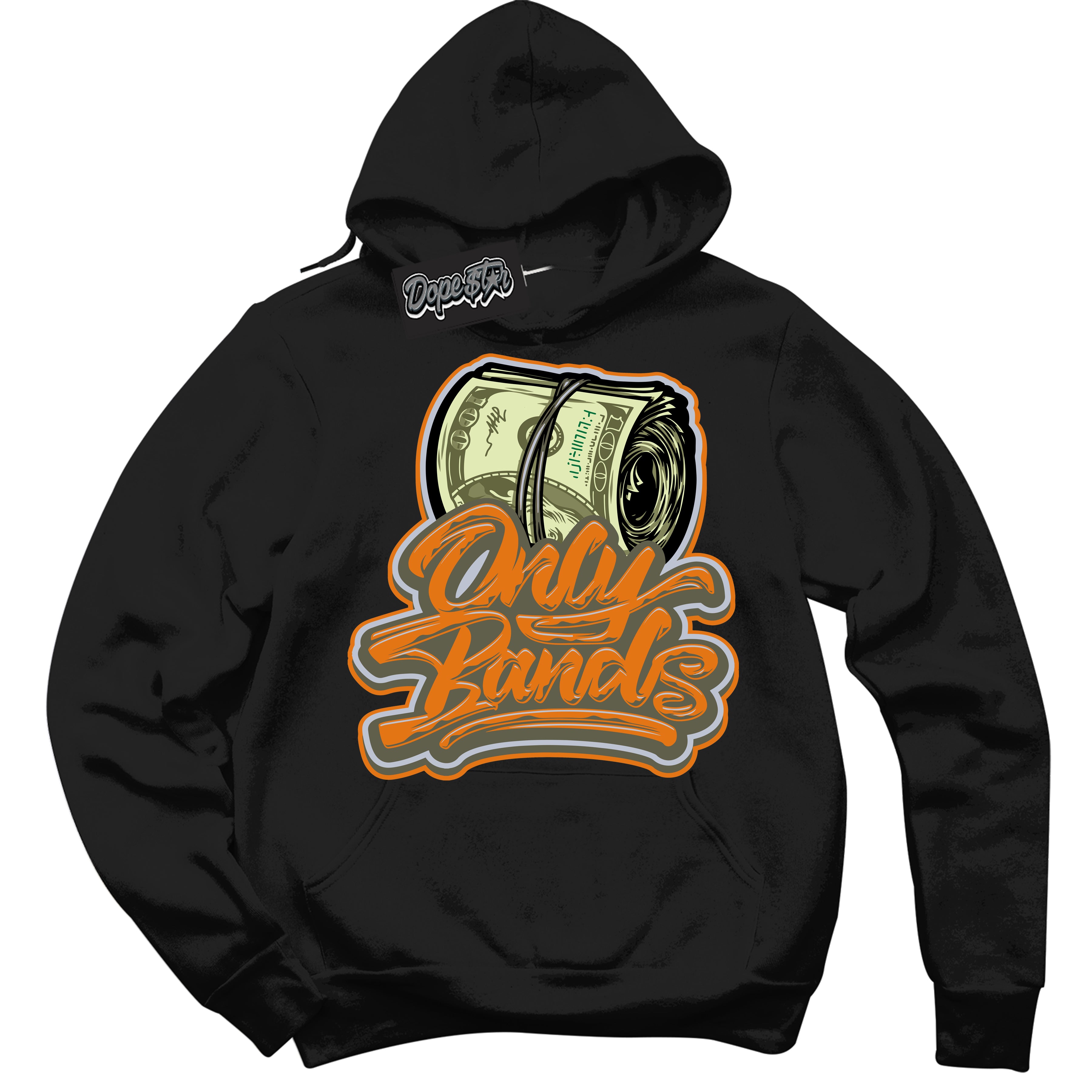 Cool Black Hoodie with “ Only Bands ”  design that Perfectly Matches Olive 5s Sneakers.