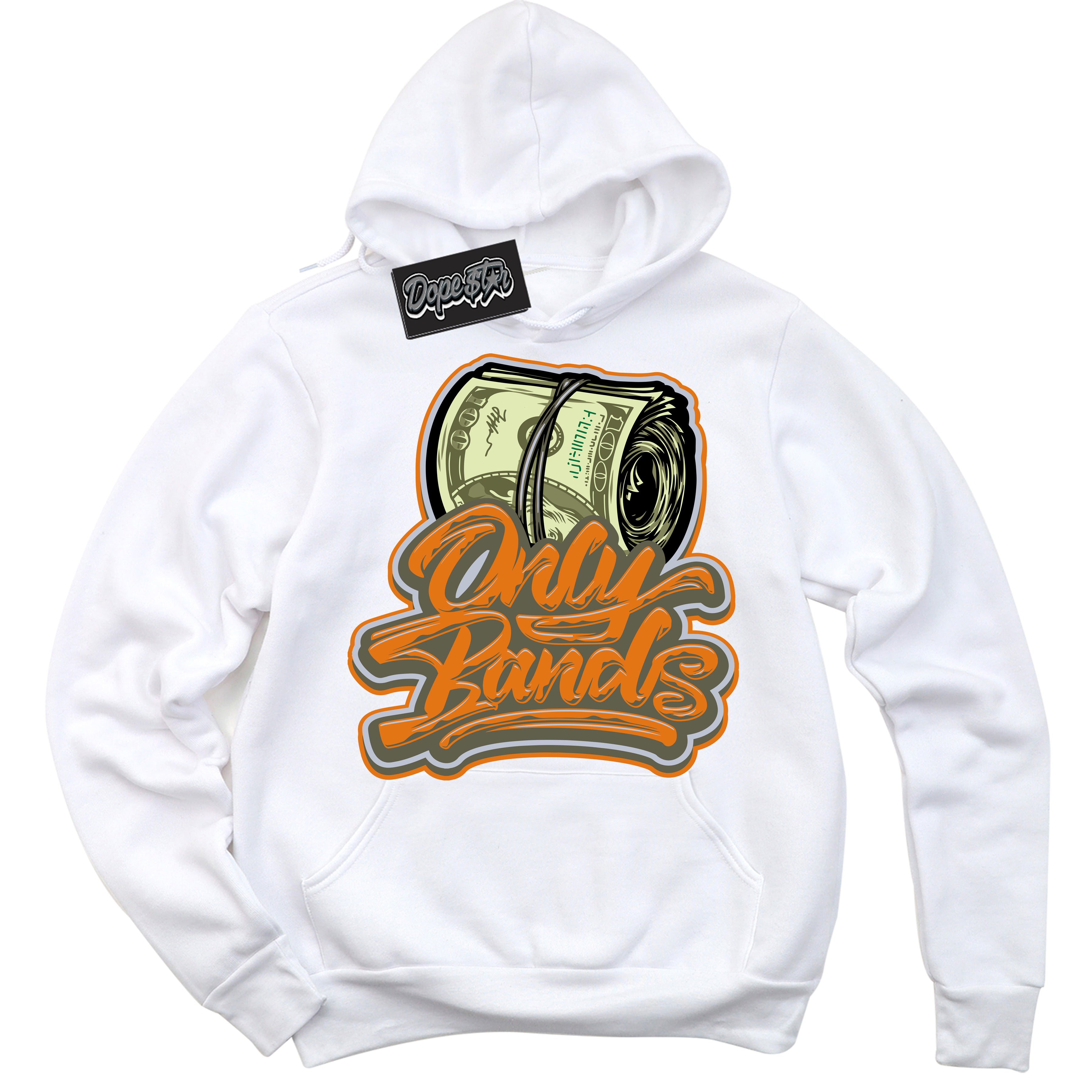 Cool White Hoodie with “ Only Bands ”  design that Perfectly Matches Olive 5s Sneakers.