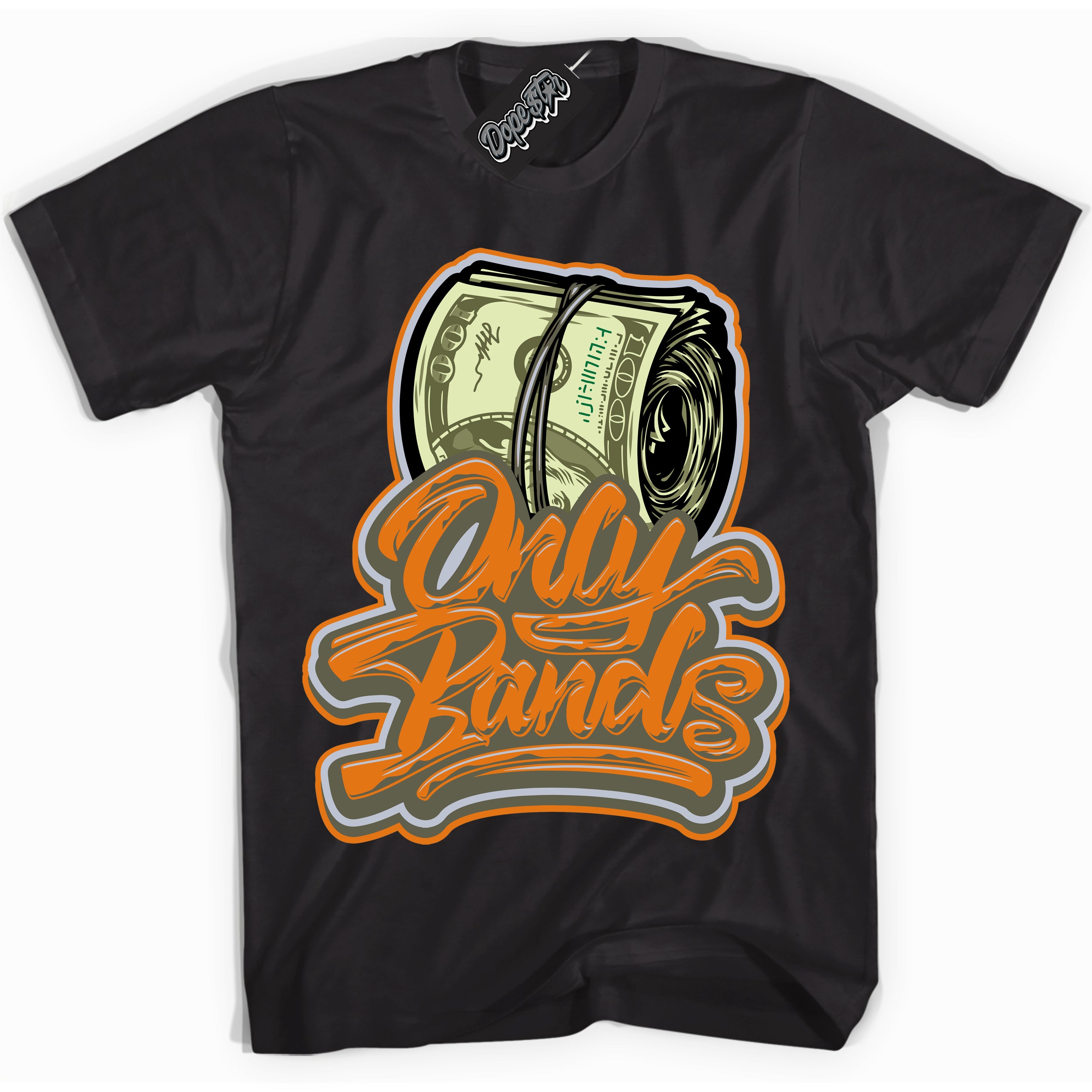 Cool Black Shirt with “ Only Bands” design that perfectly matches Olive 5s Sneakers.