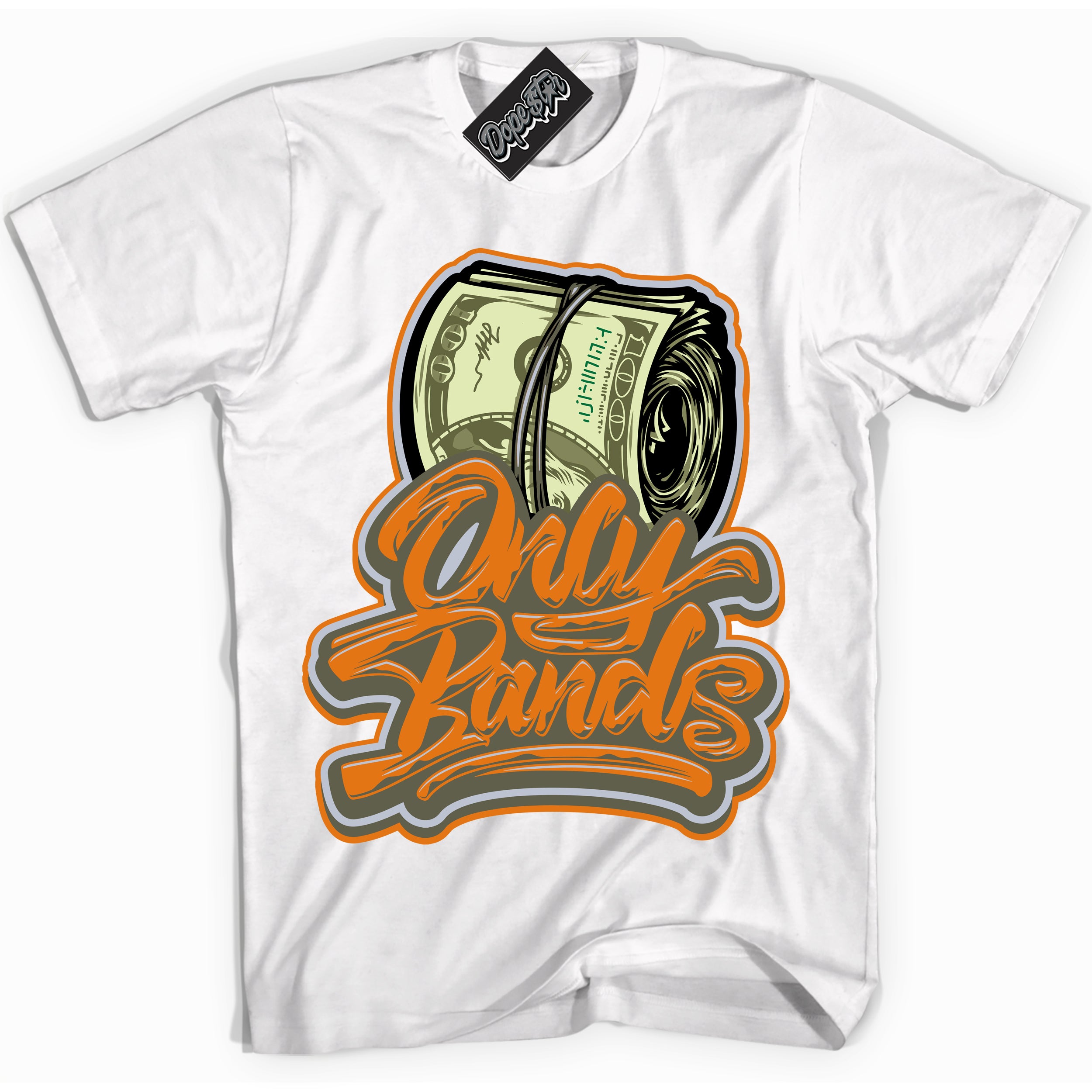 Cool White Shirt with “ Only Bands” design that perfectly matches Olive 5s Sneakers.