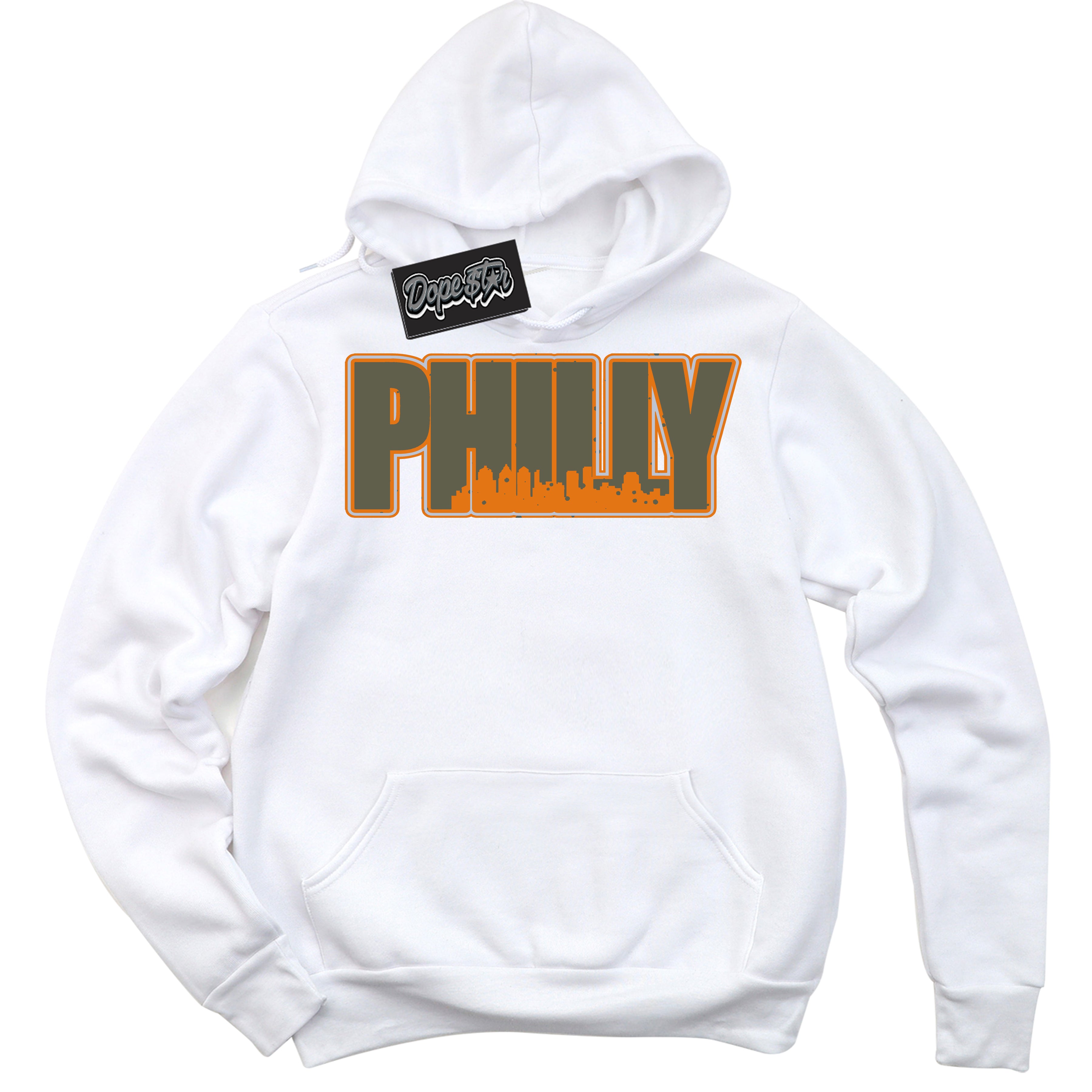 Cool White Hoodie with “ Philly ”  design that Perfectly Matches Olive 5s Sneakers.