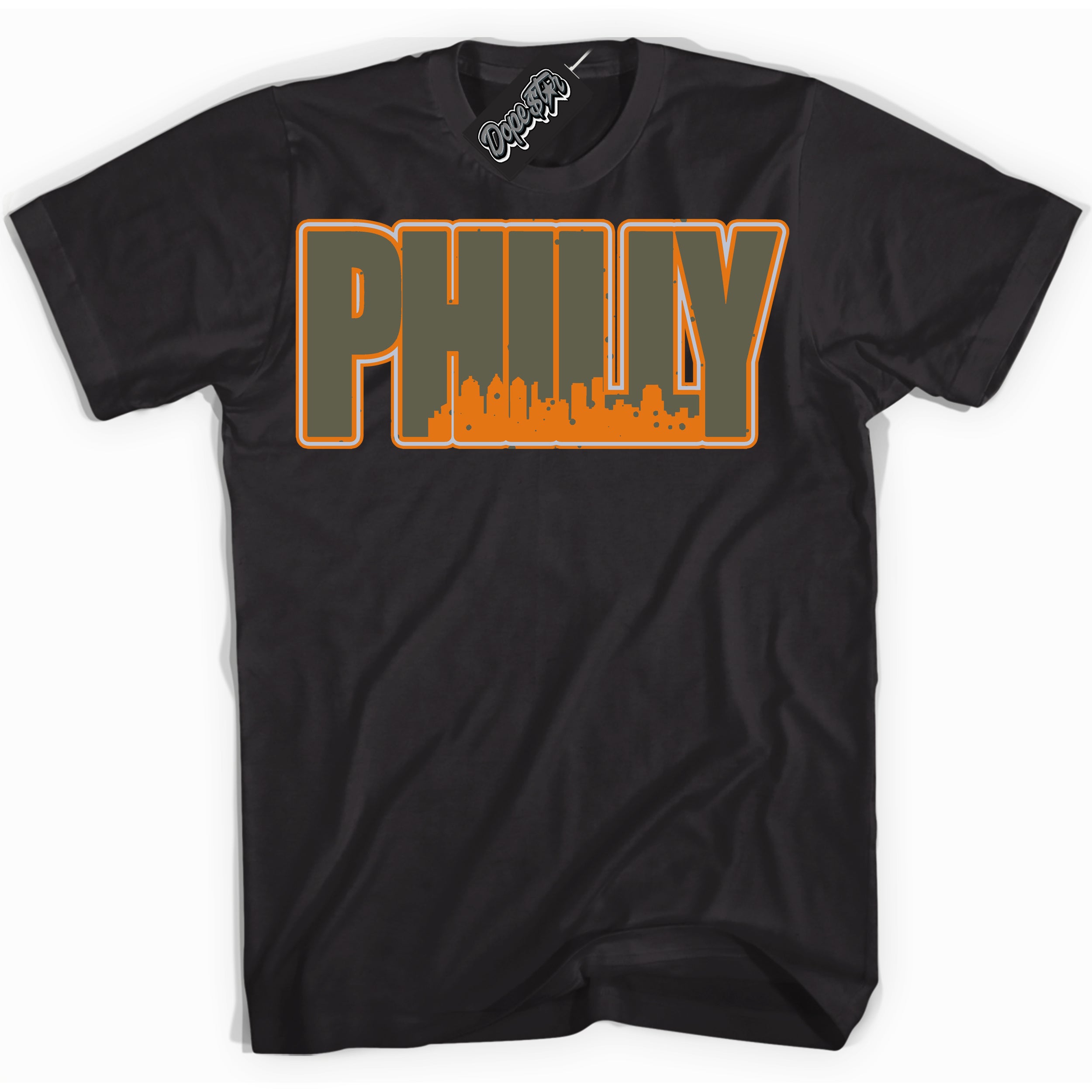 Cool Black Shirt with “ Philly” design that perfectly matches Olive 5s Sneakers.