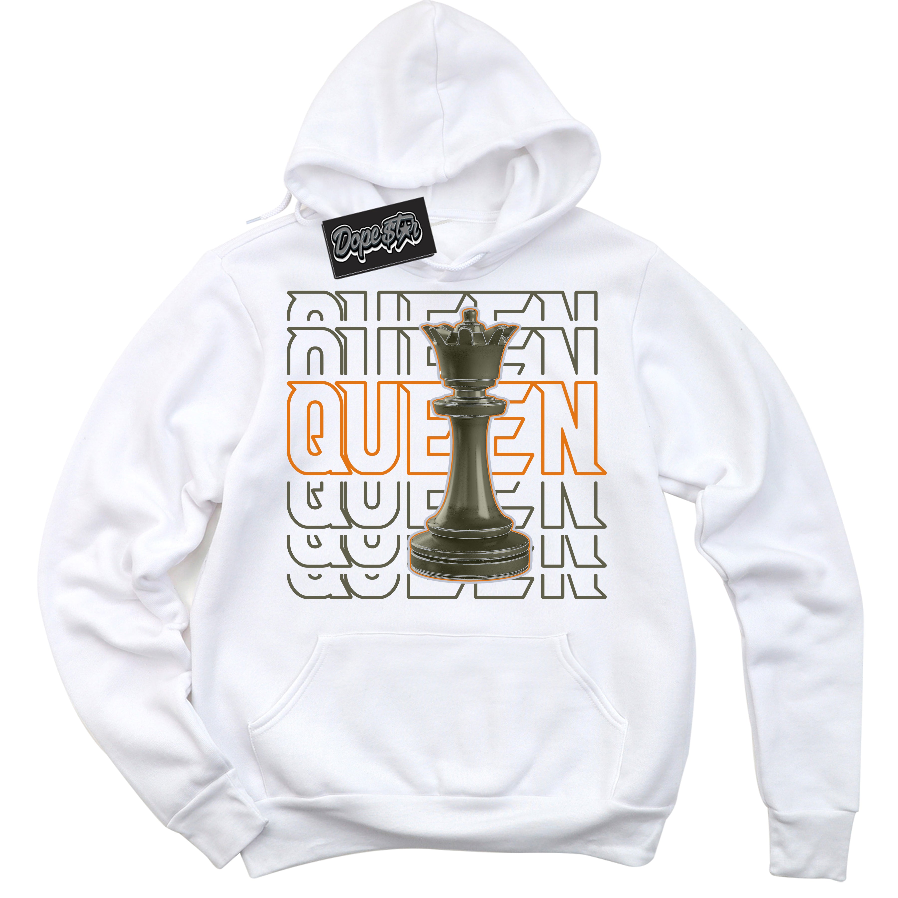 Cool White Hoodie with “ Queen Chess ”  design that Perfectly Matches Olive 5s Sneakers.