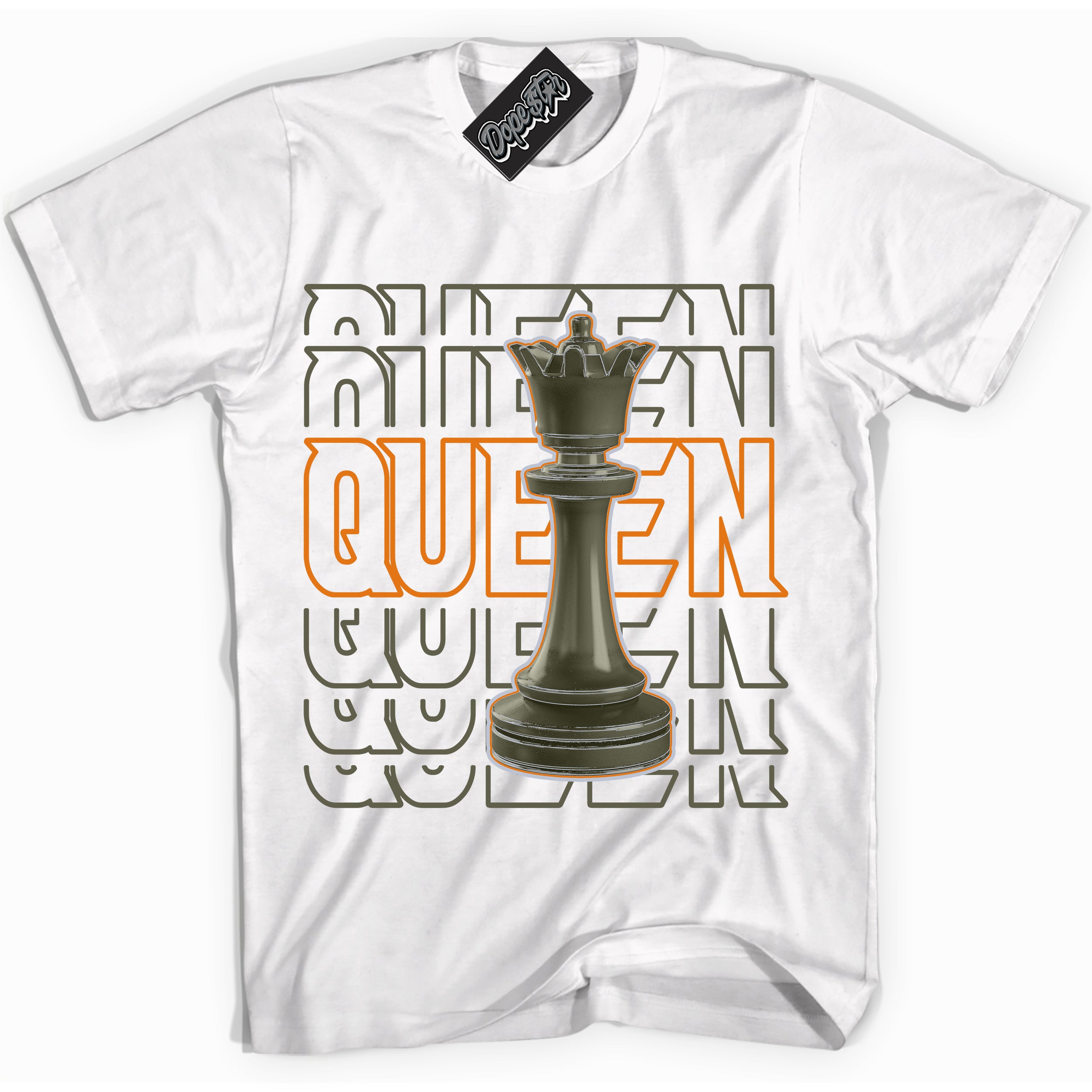 Cool White Shirt with “ Queen Chess” design that perfectly matches Olive 5s Sneakers.