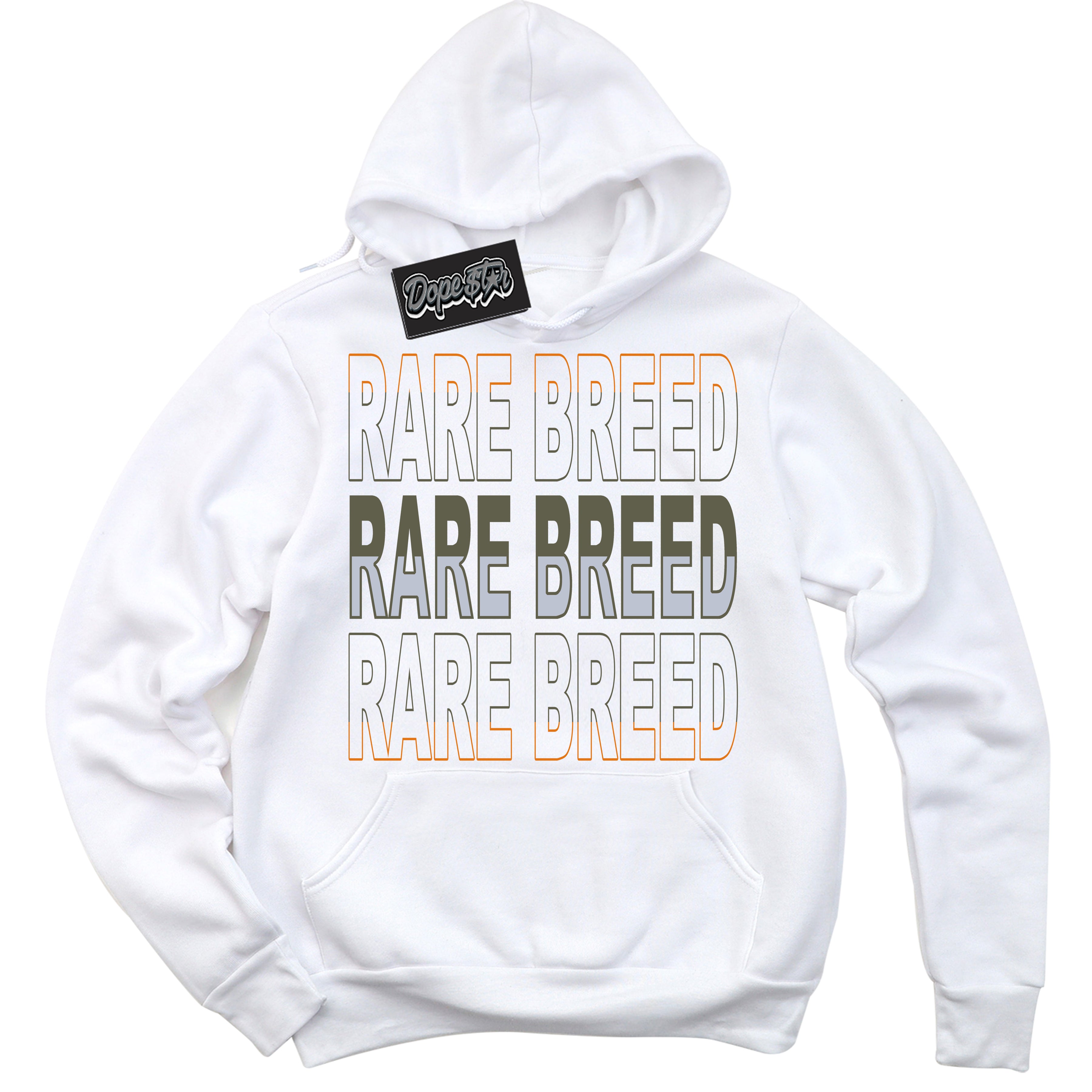 Cool White Hoodie with “ Rare Breed ”  design that Perfectly Matches Olive 5s Sneakers.