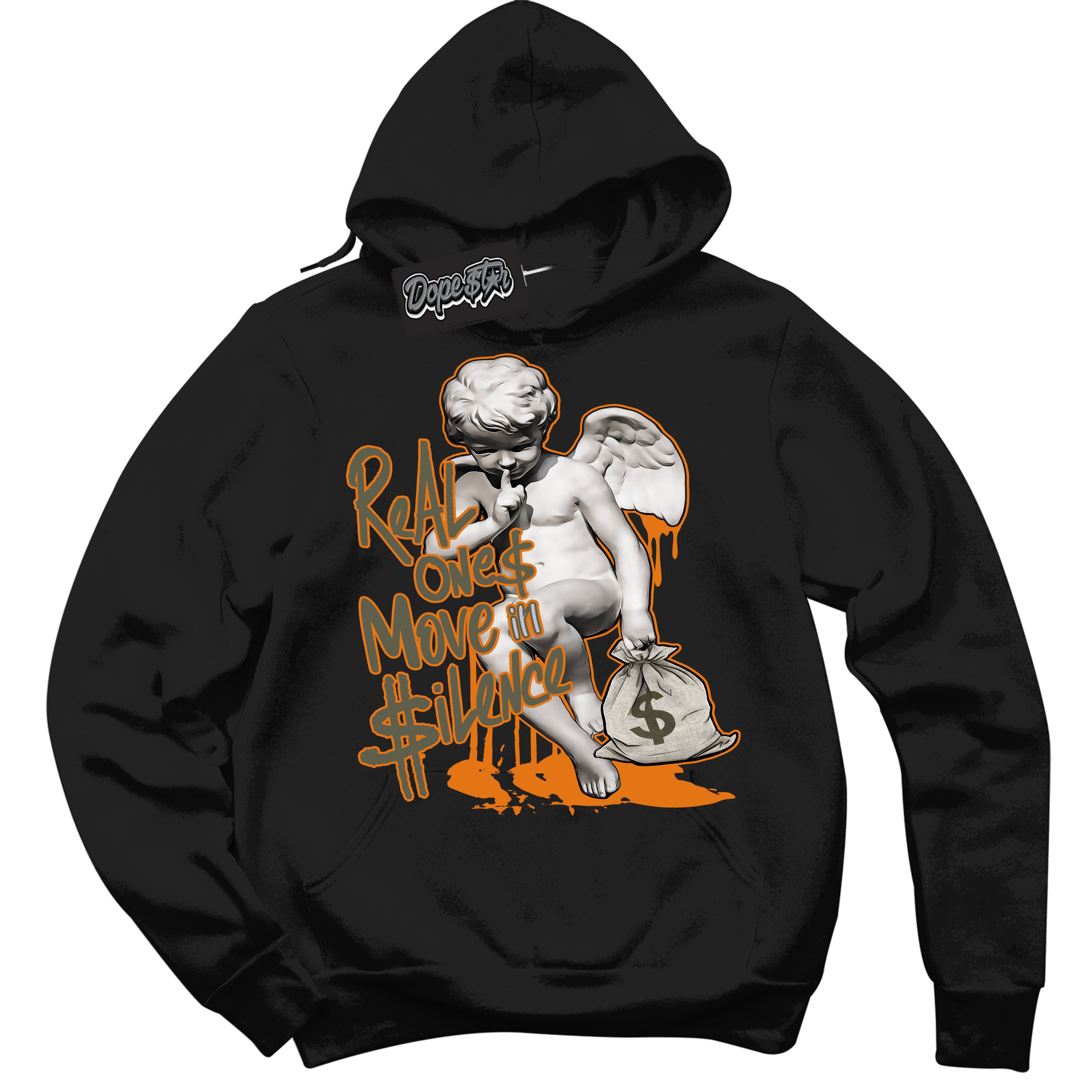 Cool Black Hoodie with “ Real Ones Cherub ”  design that Perfectly Matches Olive 5s Sneakers.