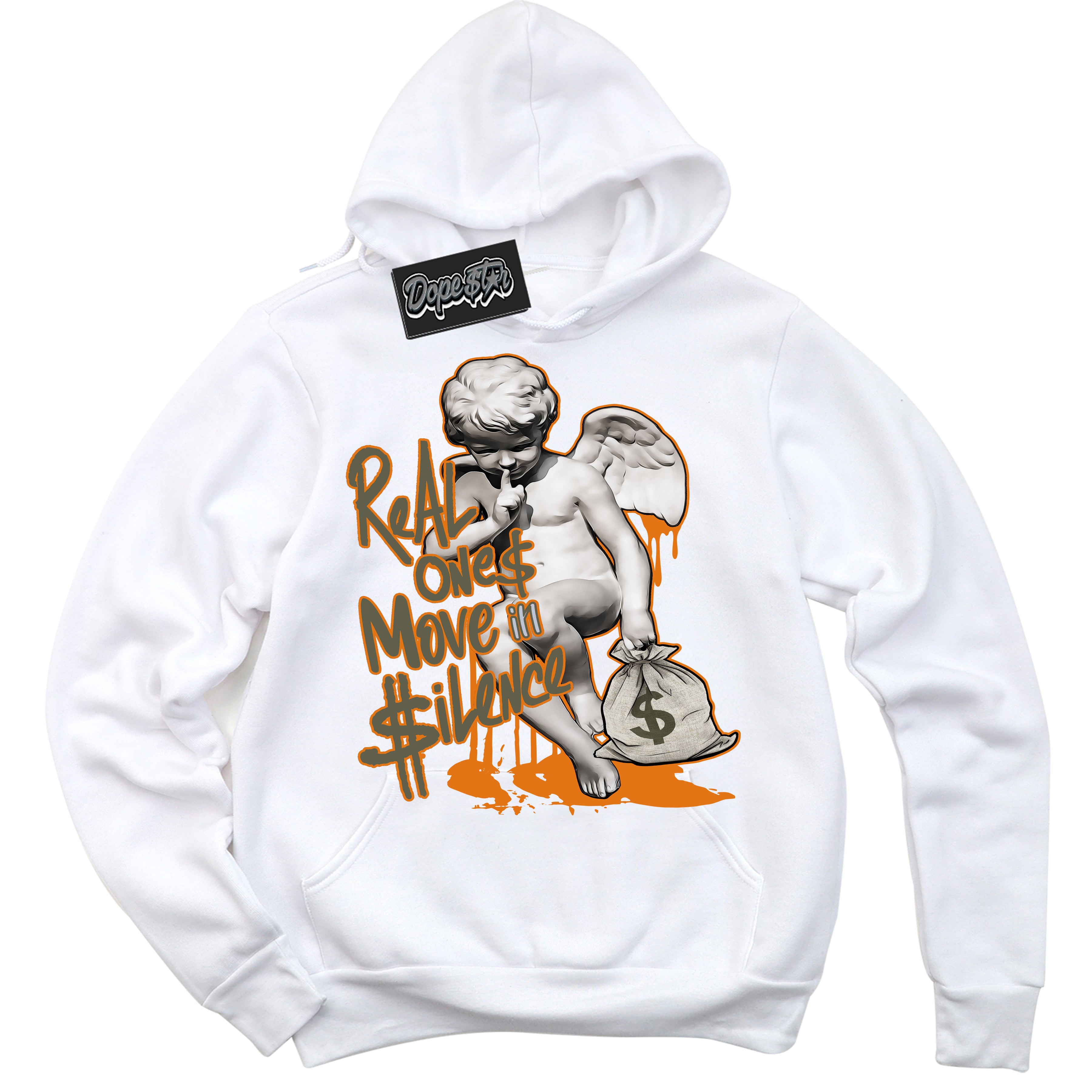 Cool White Hoodie with “ Real Ones Cherub ”  design that Perfectly Matches Olive 5s Sneakers.