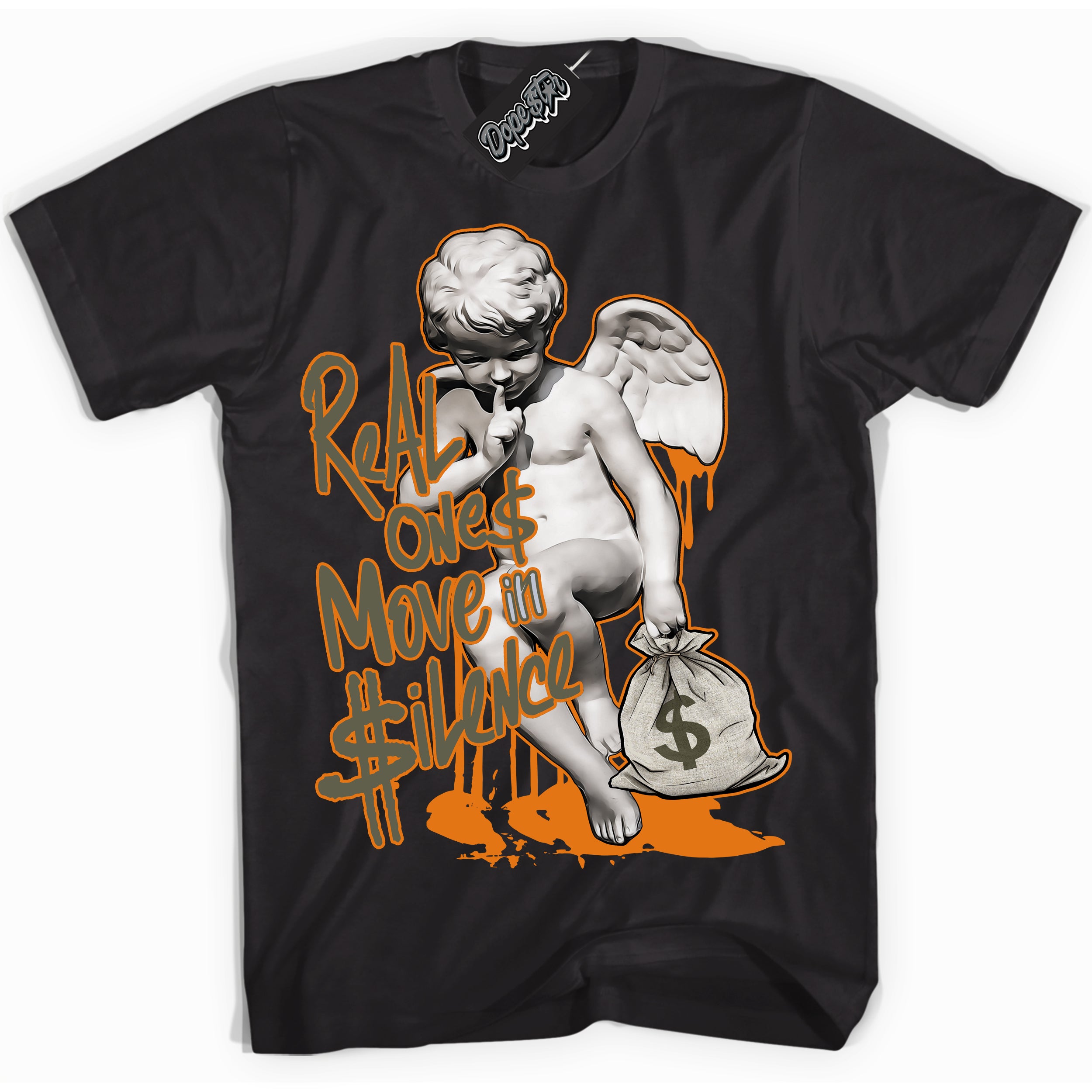 Cool Black Shirt with “ Real Ones Cherub” design that perfectly matches Olive 5s Sneakers.