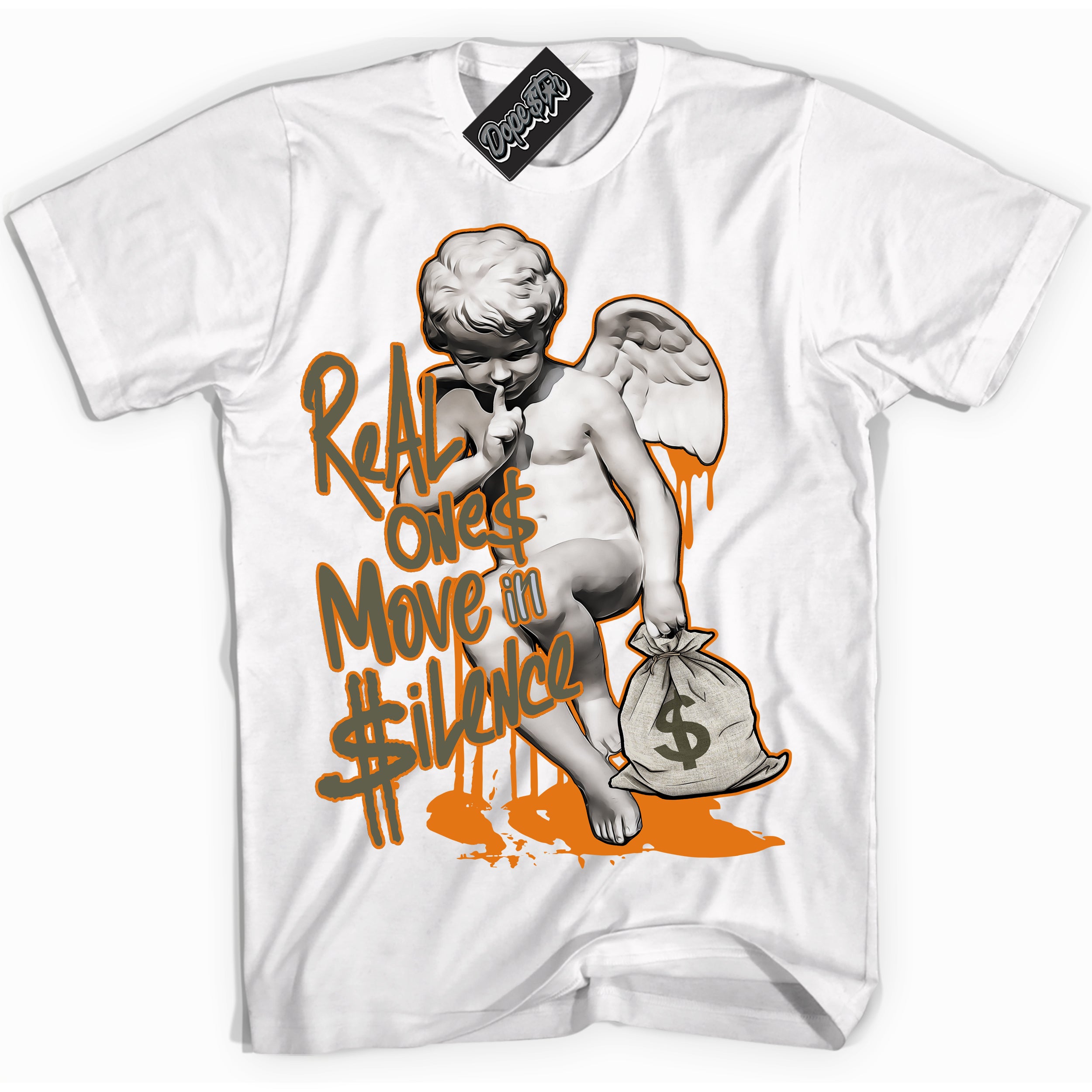 Cool White Shirt with “ Real Ones Cherub” design that perfectly matches Olive 5s Sneakers.