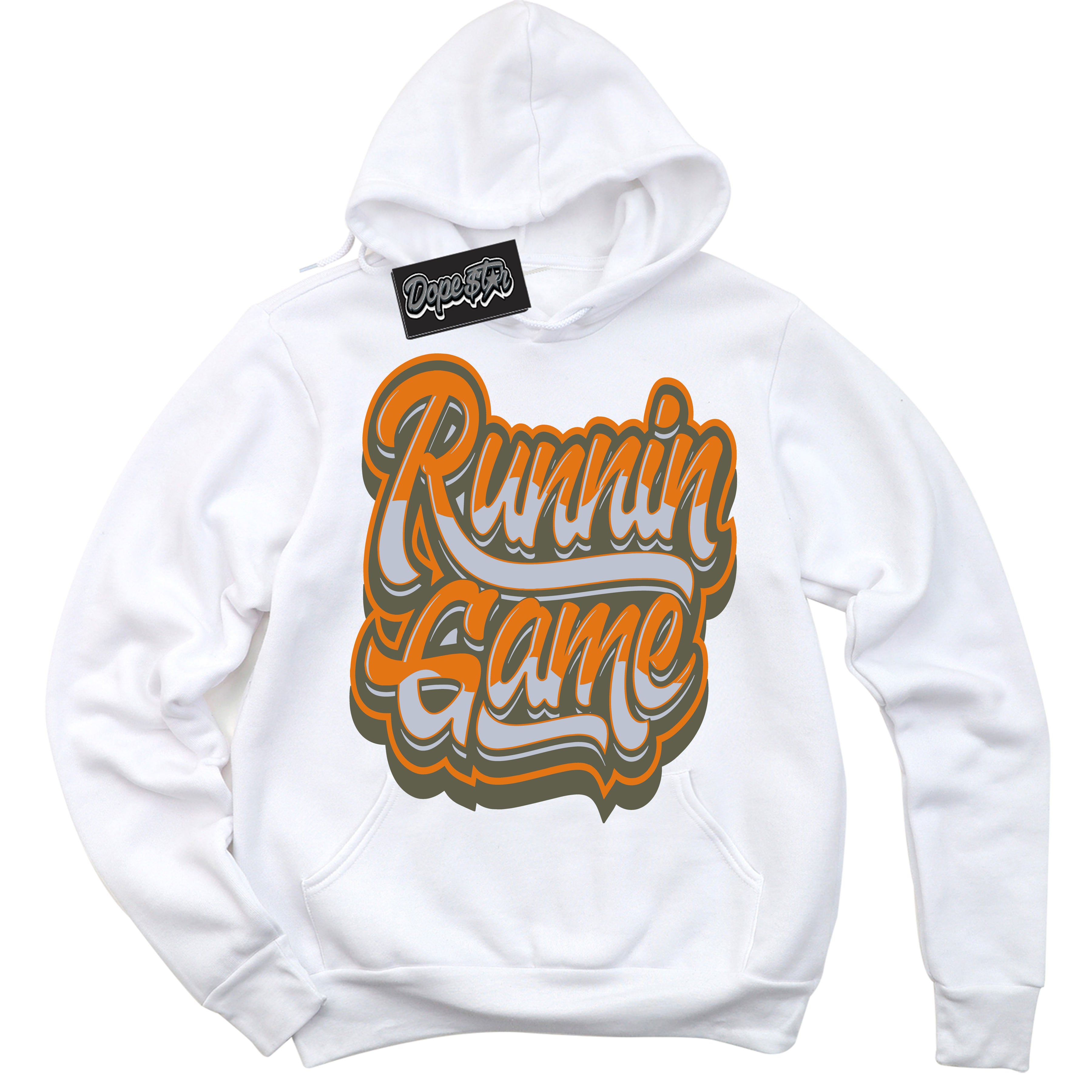 Cool White Hoodie with “ Running Game ”  design that Perfectly Matches Olive 5s Sneakers.