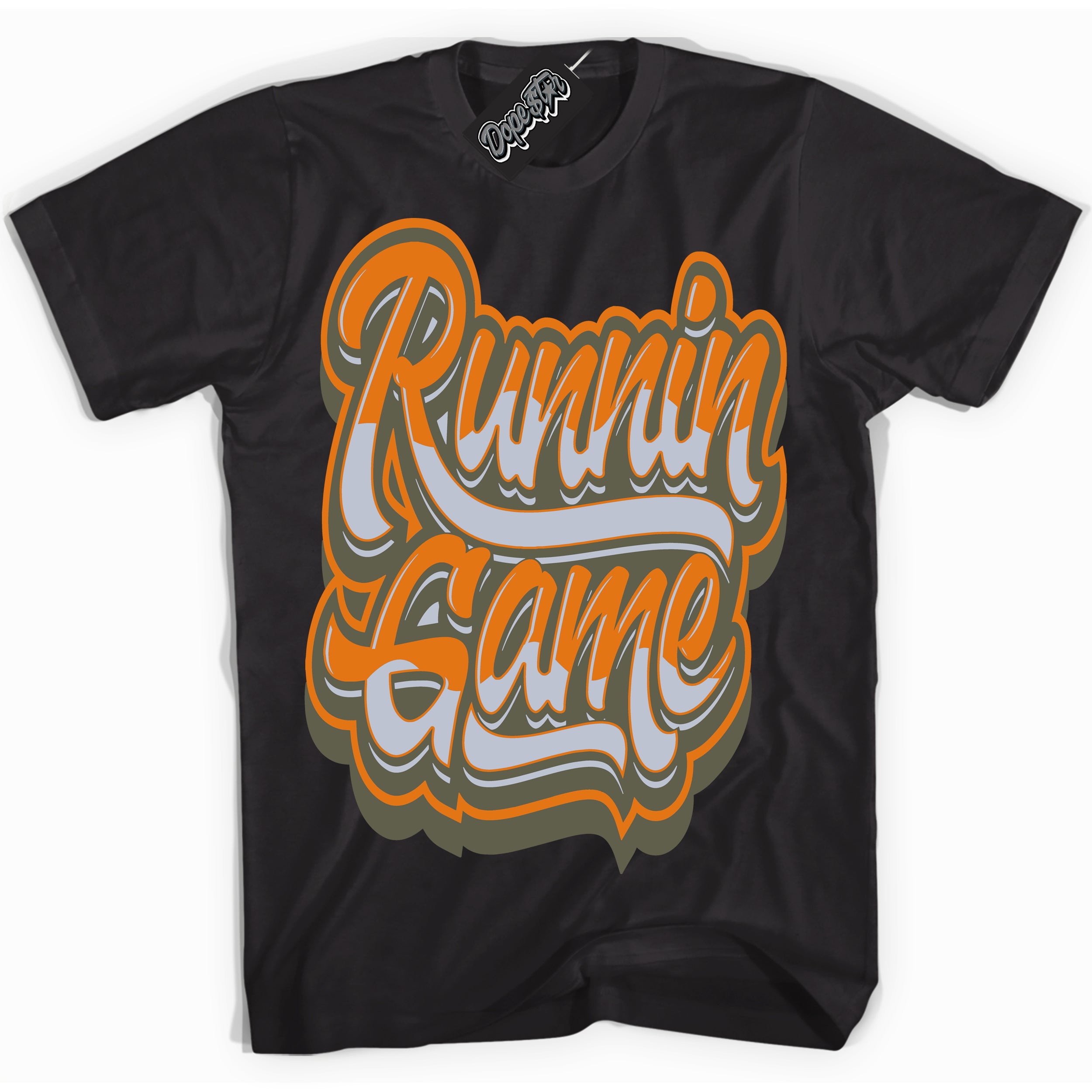 Cool Black Shirt with “ Running Game” design that perfectly matches Olive 5s Sneakers.