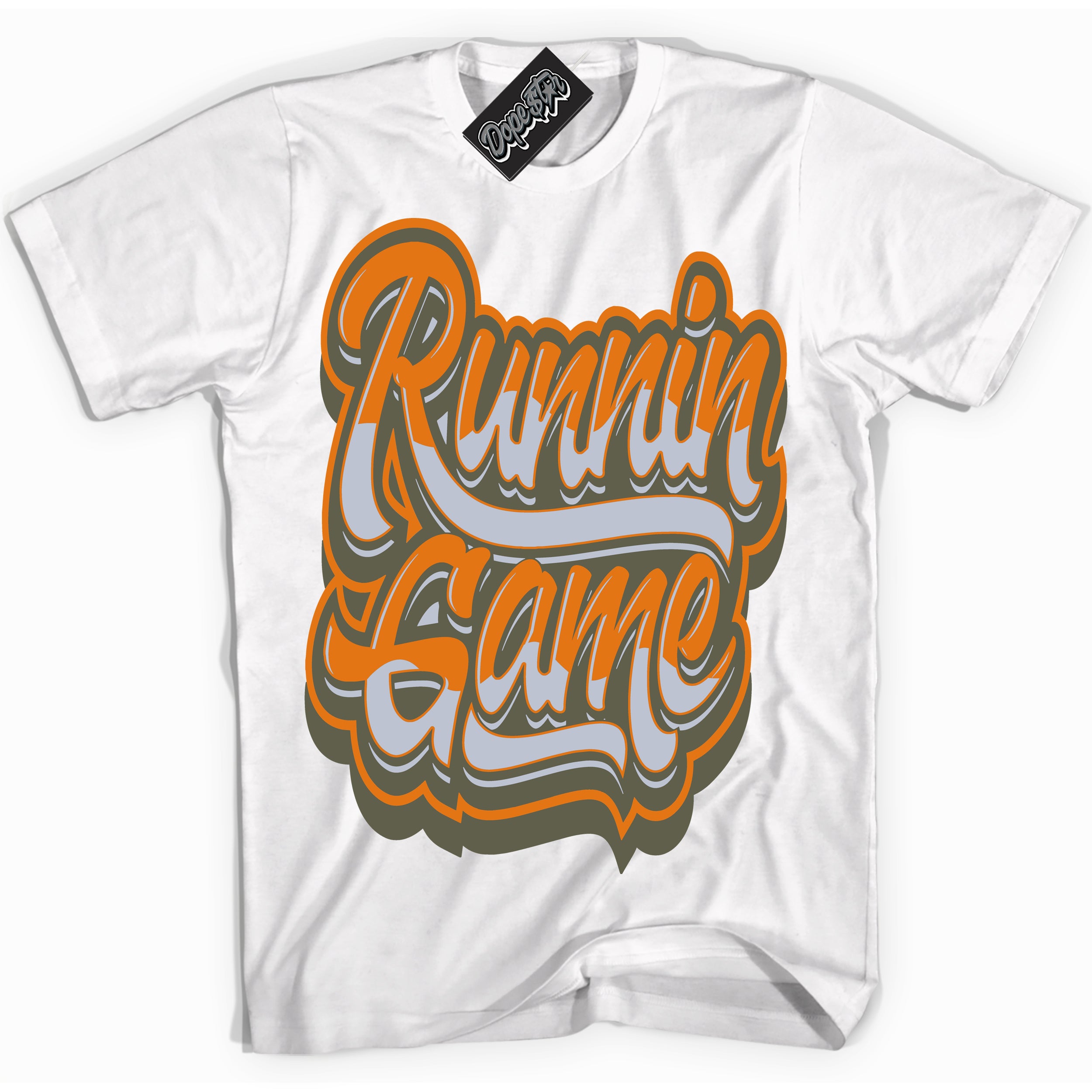 Cool White Shirt with “ Running Game” design that perfectly matches Olive 5s Sneakers.