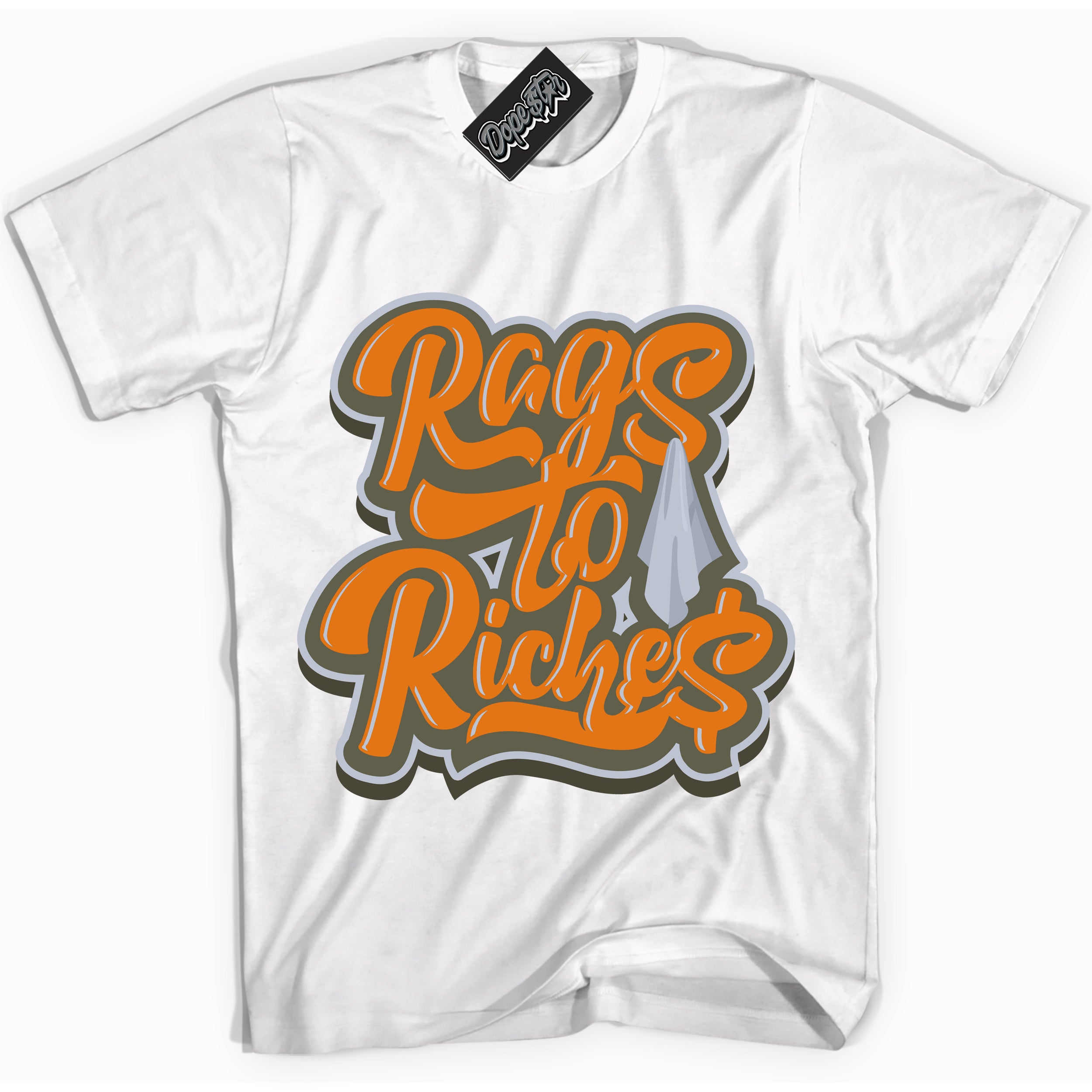 Cool White Shirt with “ Rags To Riches” design that perfectly matches Olive 5s Sneakers.