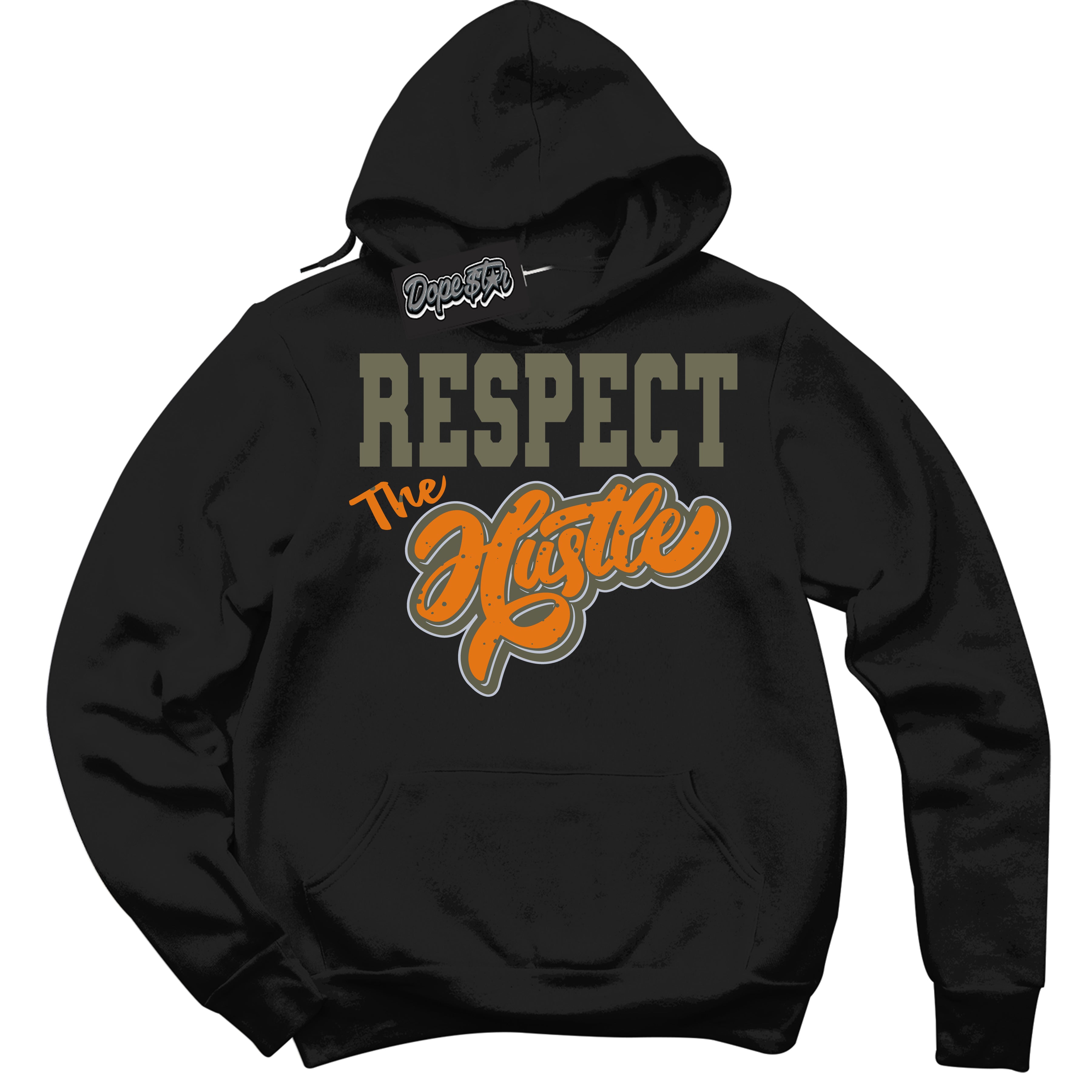 Cool Black Hoodie with “ Respect The Hustle ”  design that Perfectly Matches Olive 5s Sneakers.