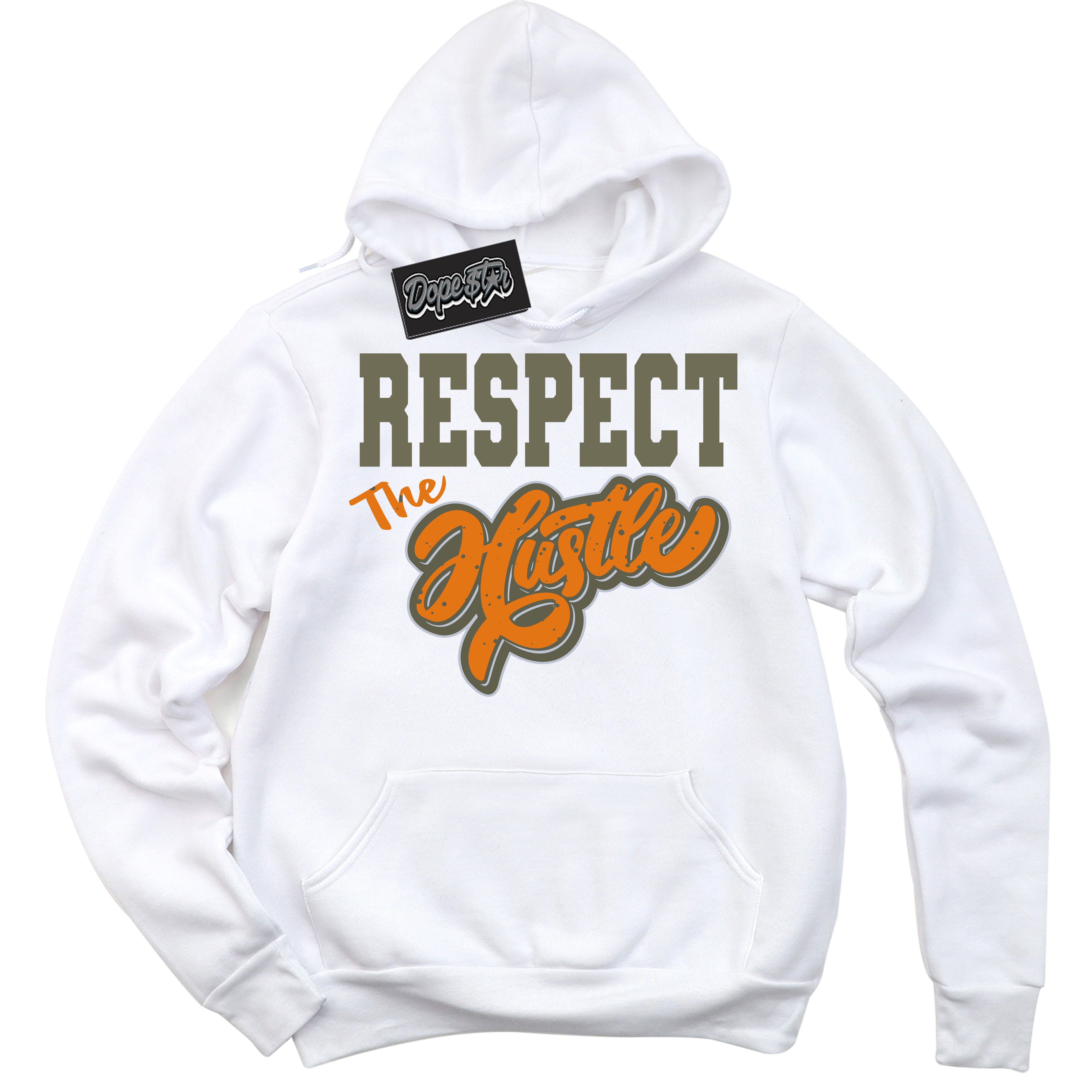 Cool White Hoodie with “ Respect The Hustle ”  design that Perfectly Matches Olive 5s Sneakers.