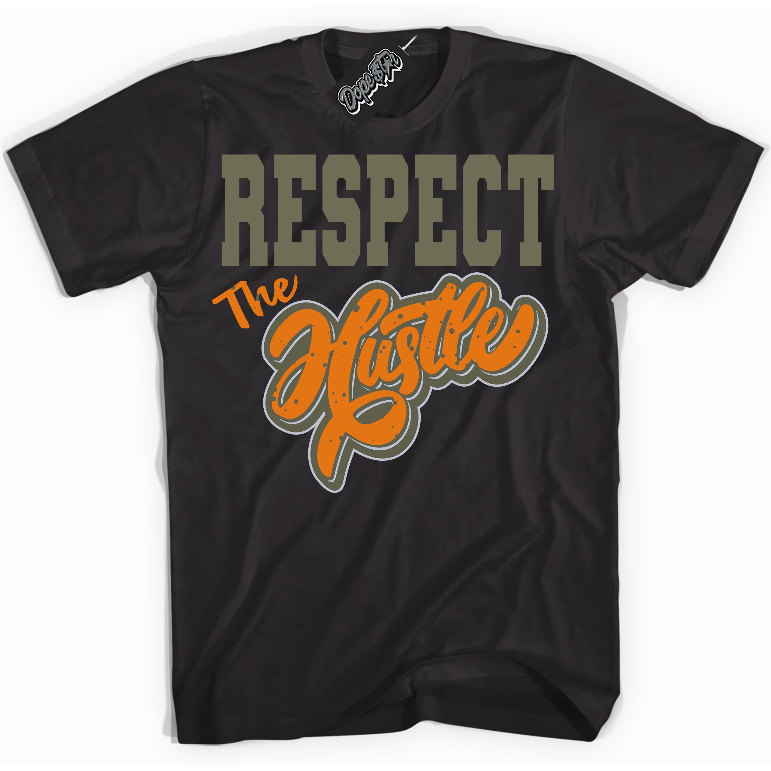 Cool Black Shirt with “ Respect The Hustle” design that perfectly matches Olive 5s Sneakers.