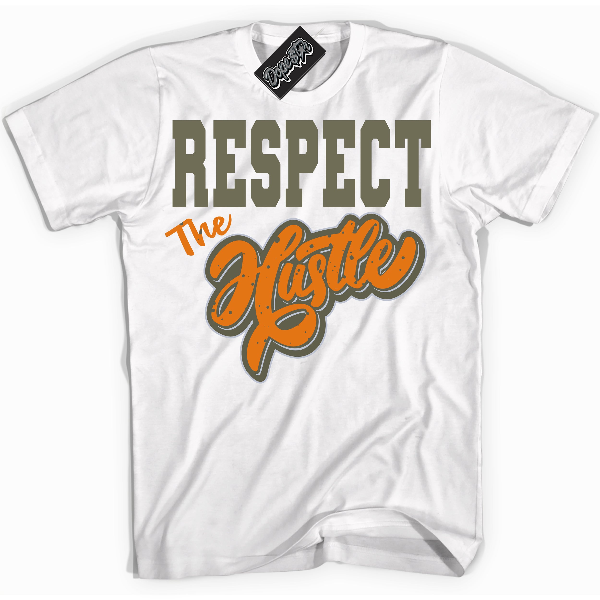 Cool White Shirt with “ Respect The Hustle” design that perfectly matches Olive 5s Sneakers.