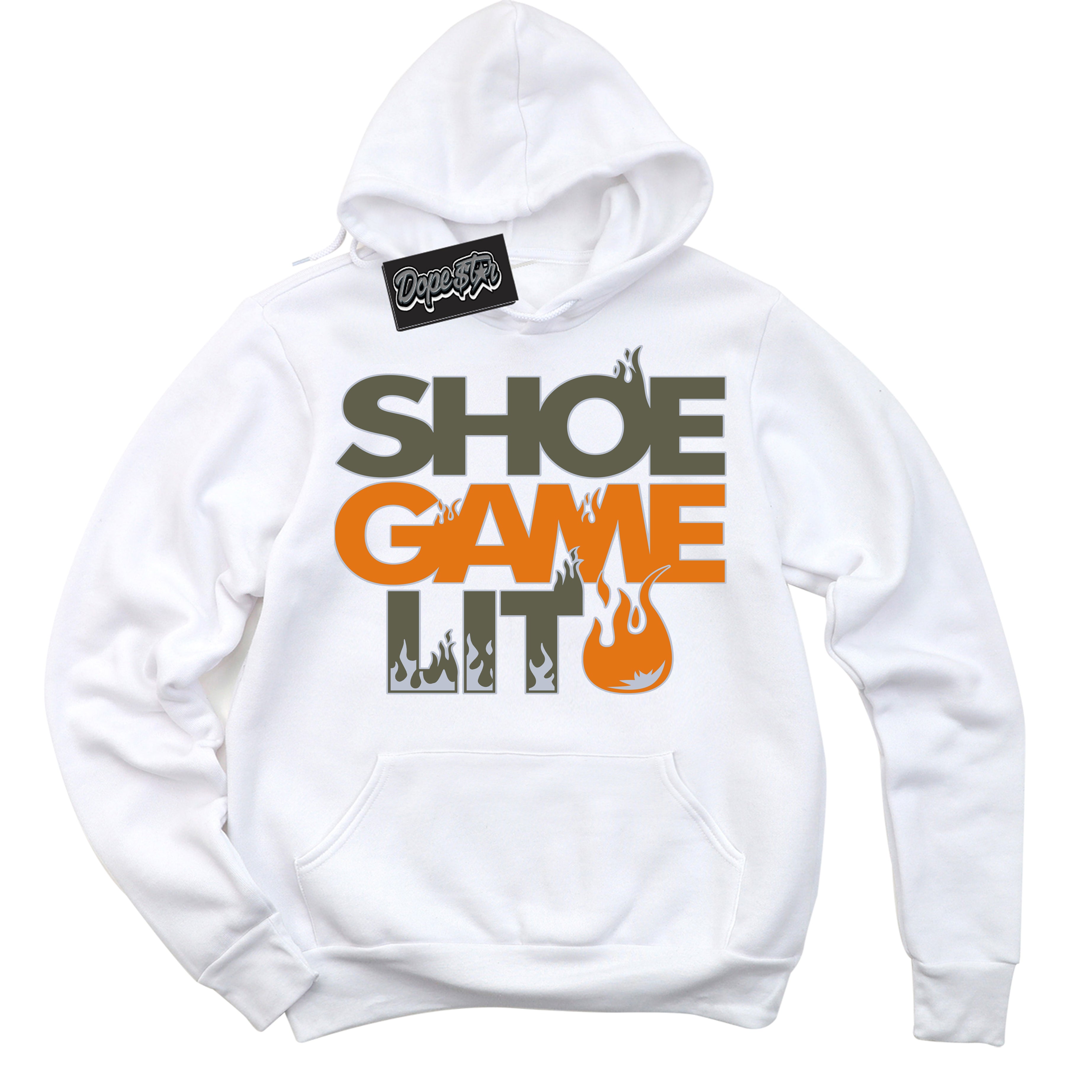 Cool White Hoodie with “ Shoe Game Lit '' design that Perfectly Matches  Olive 5s Sneakers.