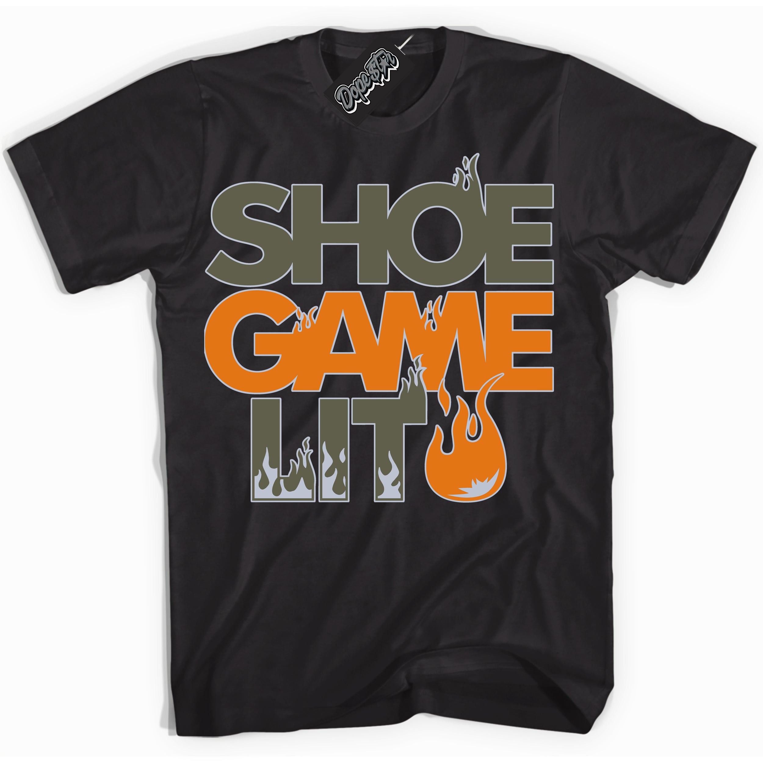 Cool Black Shirt with “ Shoe Game Lit ” design that perfectly matches Olive 5s Sneakers.