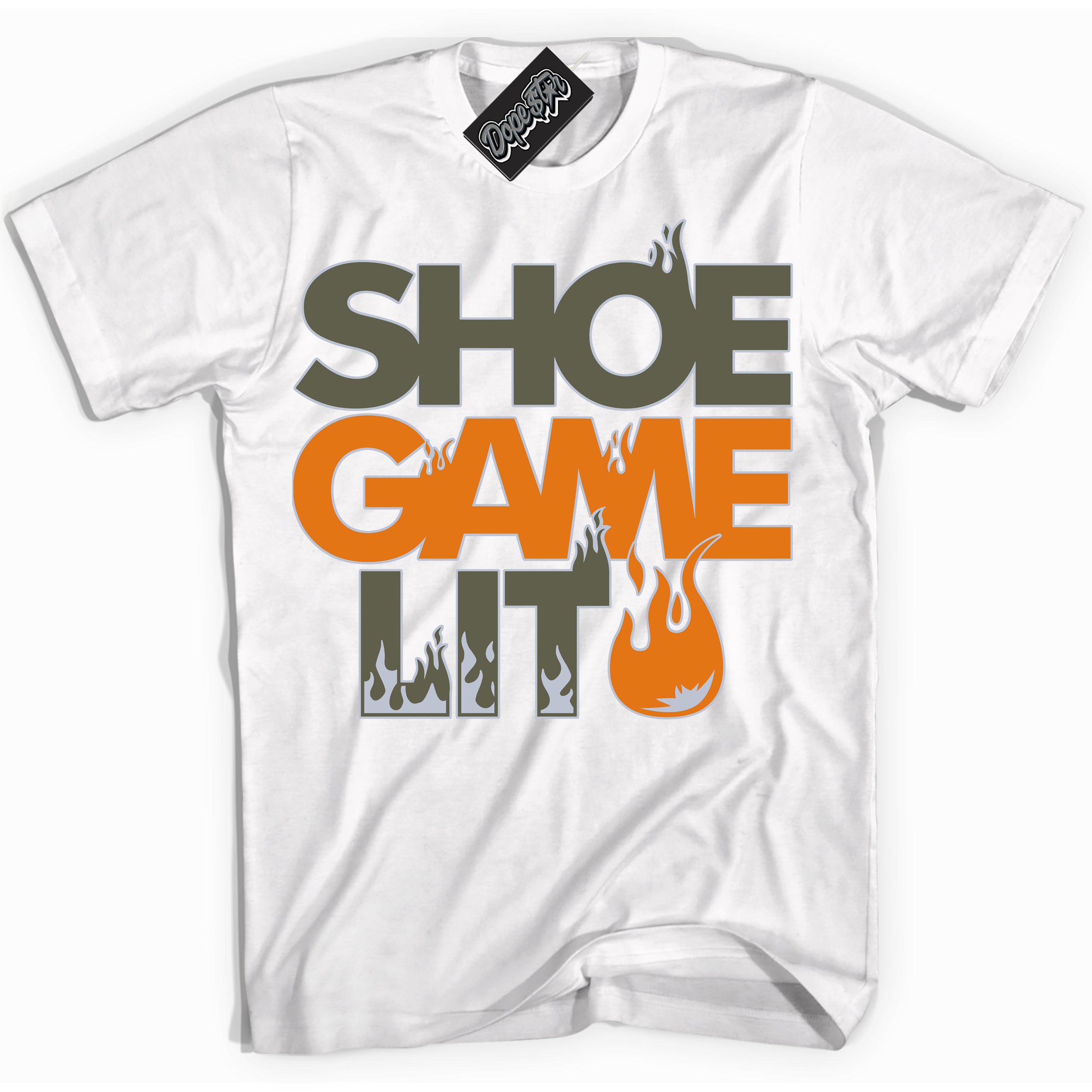 Cool White Shirt with “ Shoe Game Lit ” design that perfectly matches Olive 5s Sneakers.