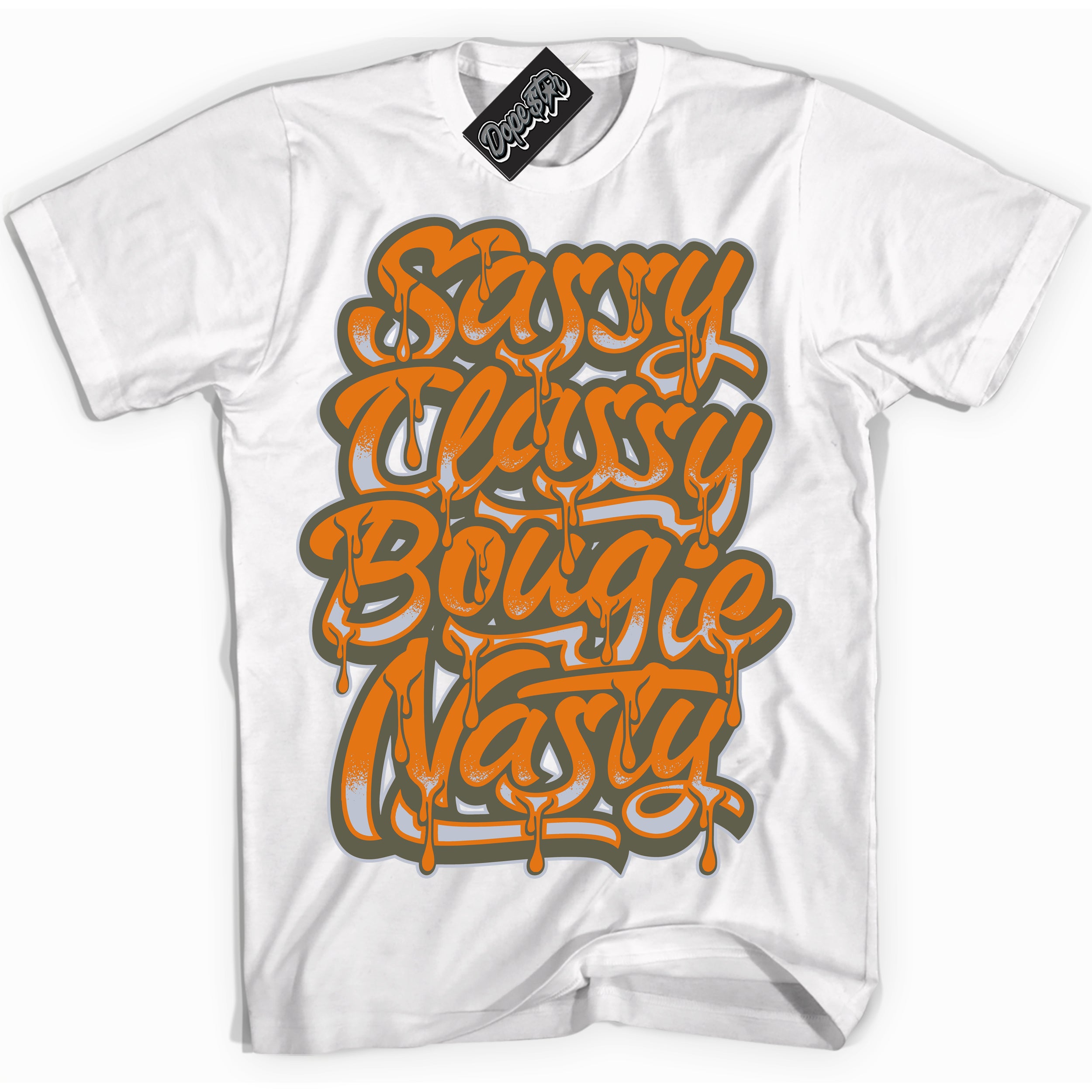 Cool White Shirt with “ Sassy Classy” design that perfectly matches Olive 5s Sneakers.