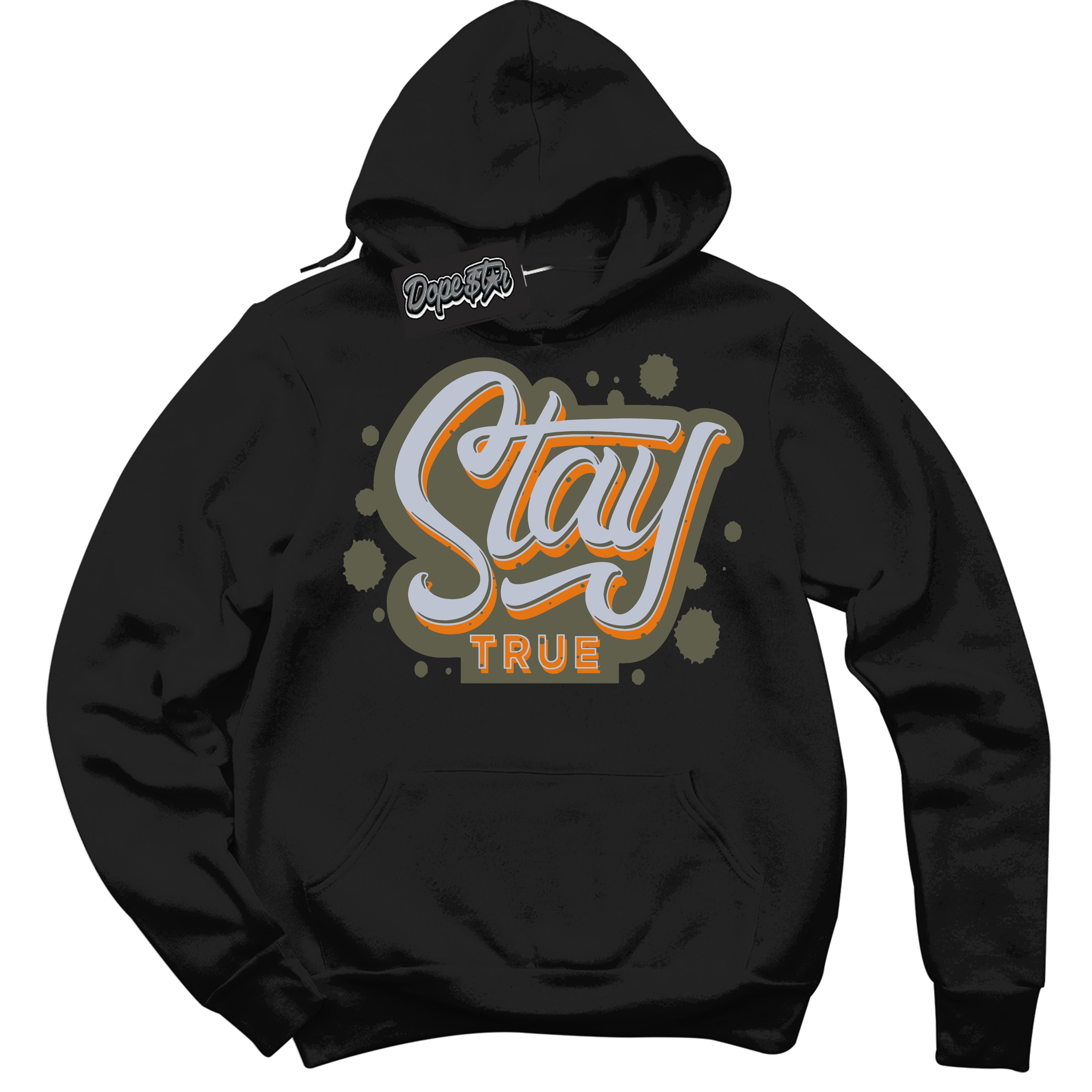 Cool Black Hoodie with “ Stay True ”  design that Perfectly Matches Olive 5s Sneakers.