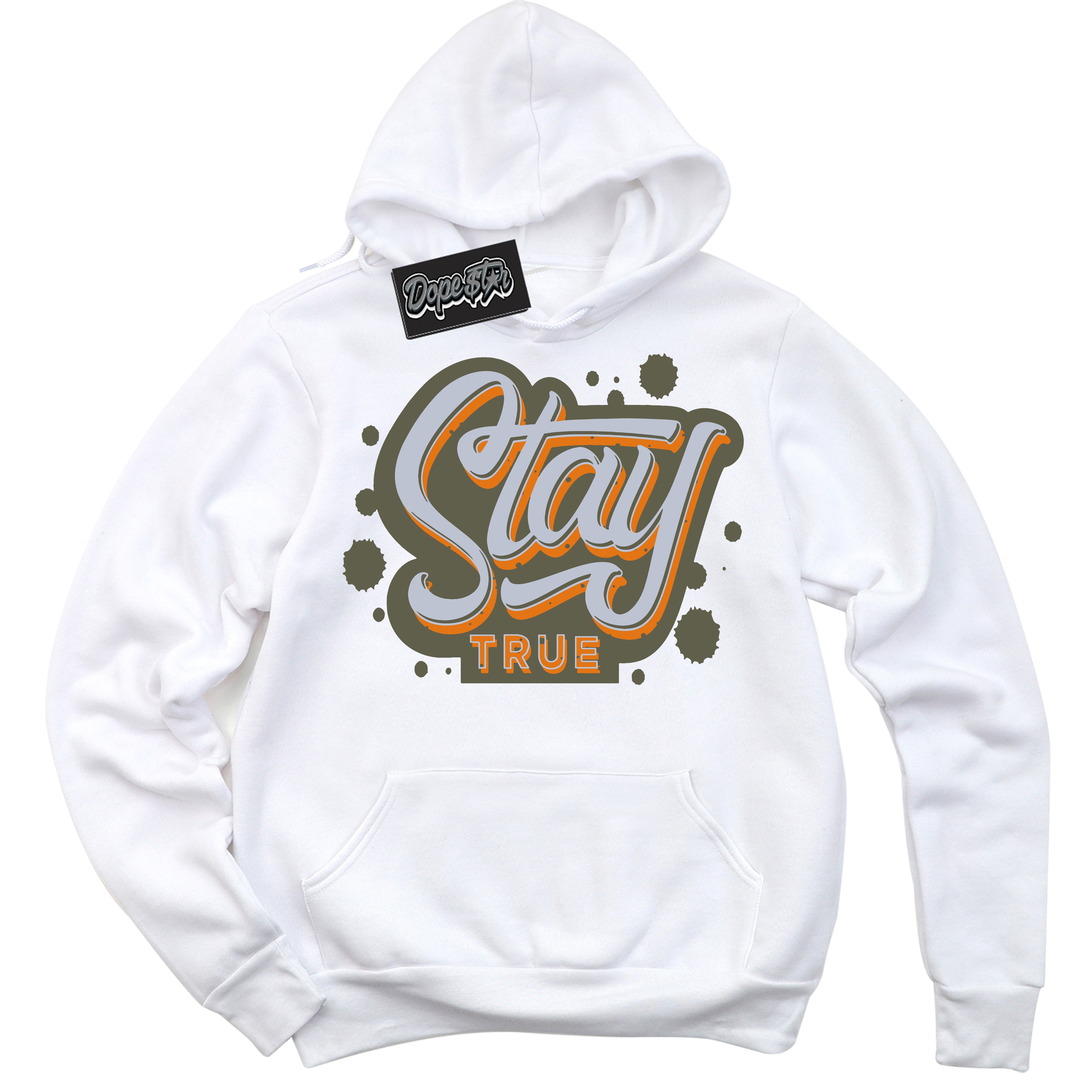 Cool White Hoodie with “ Stay True ”  design that Perfectly Matches Olive 5s Sneakers.