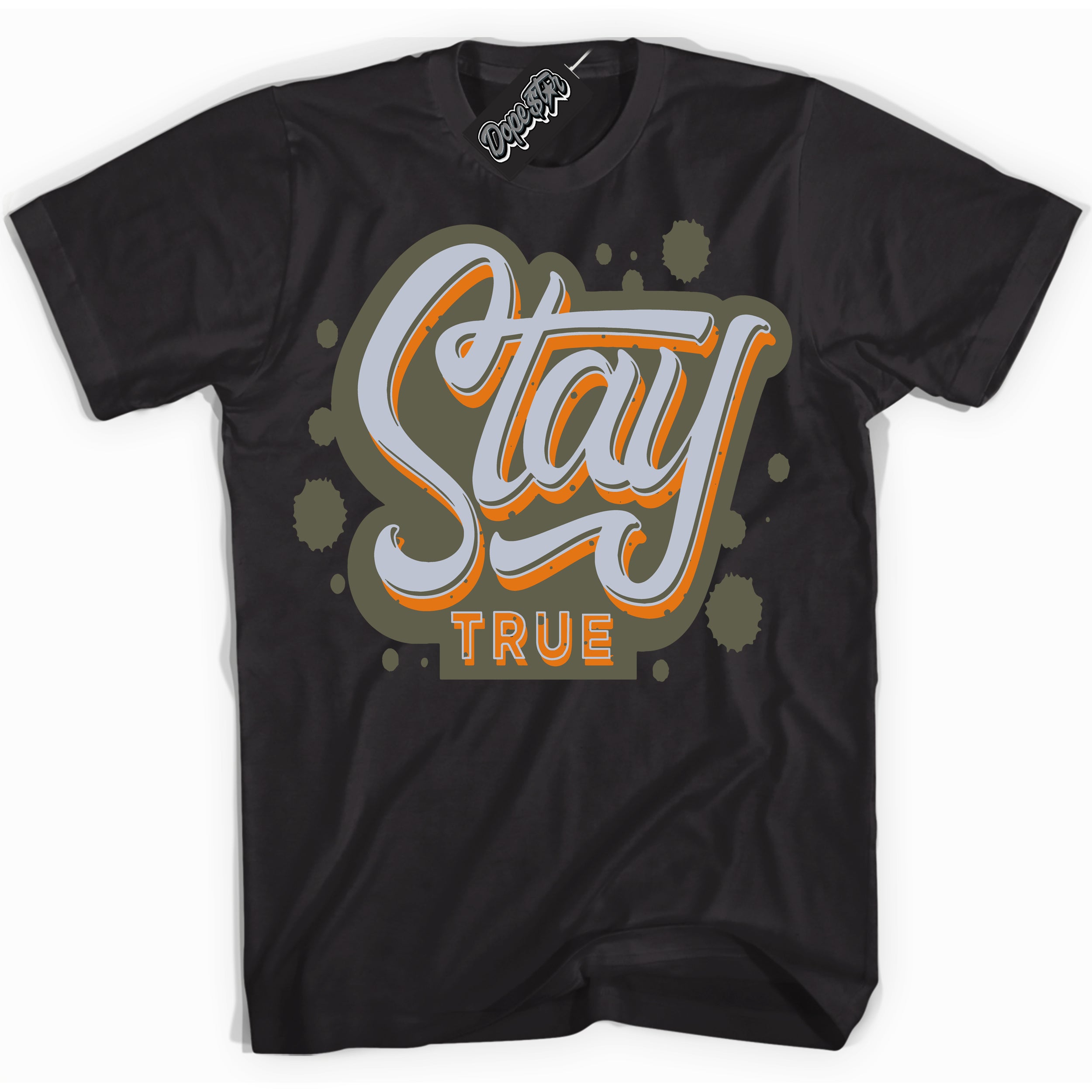 Cool Black Shirt with “ Stay True” design that perfectly matches Olive 5s Sneakers.