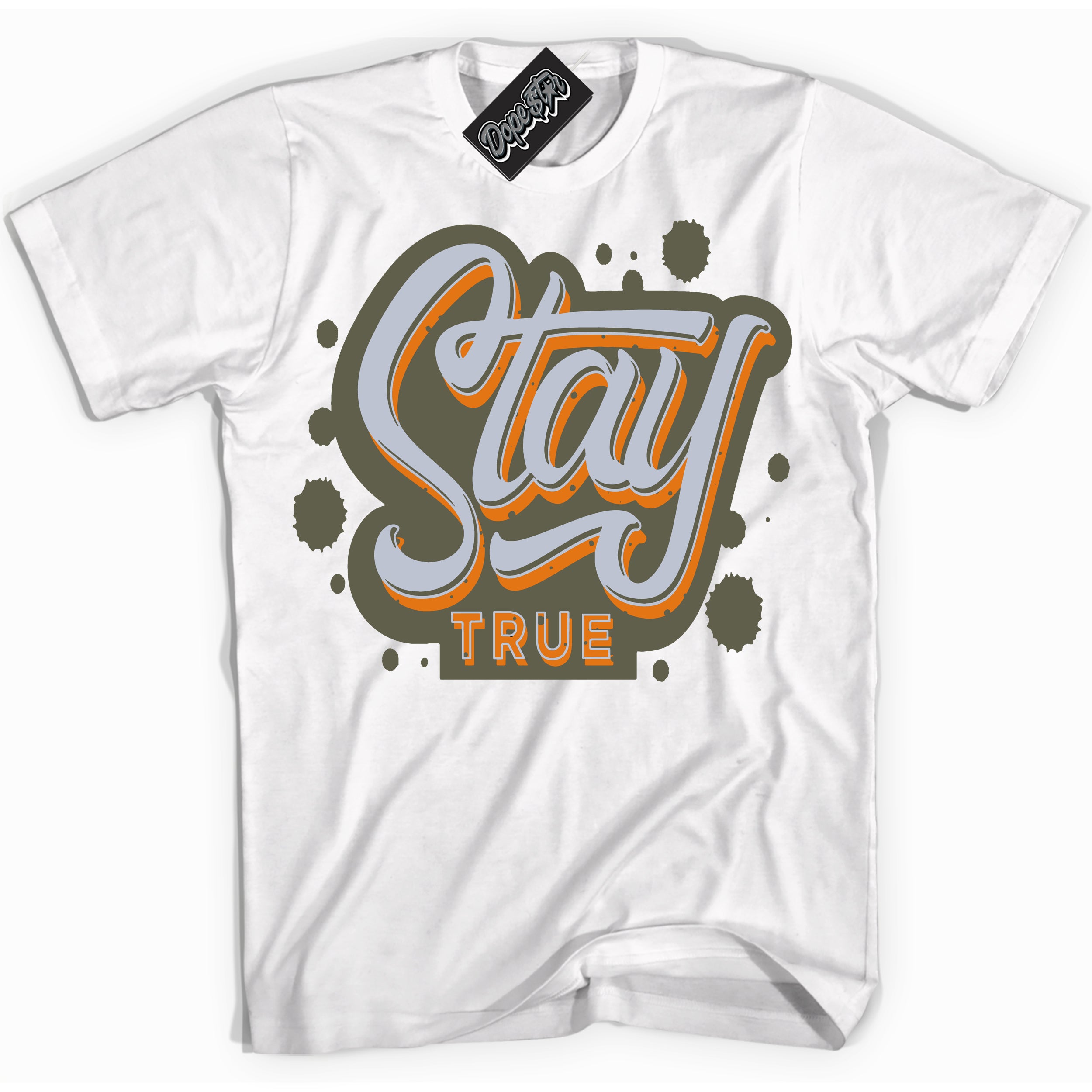 Cool White Shirt with “ Stay True” design that perfectly matches Olive 5s Sneakers.