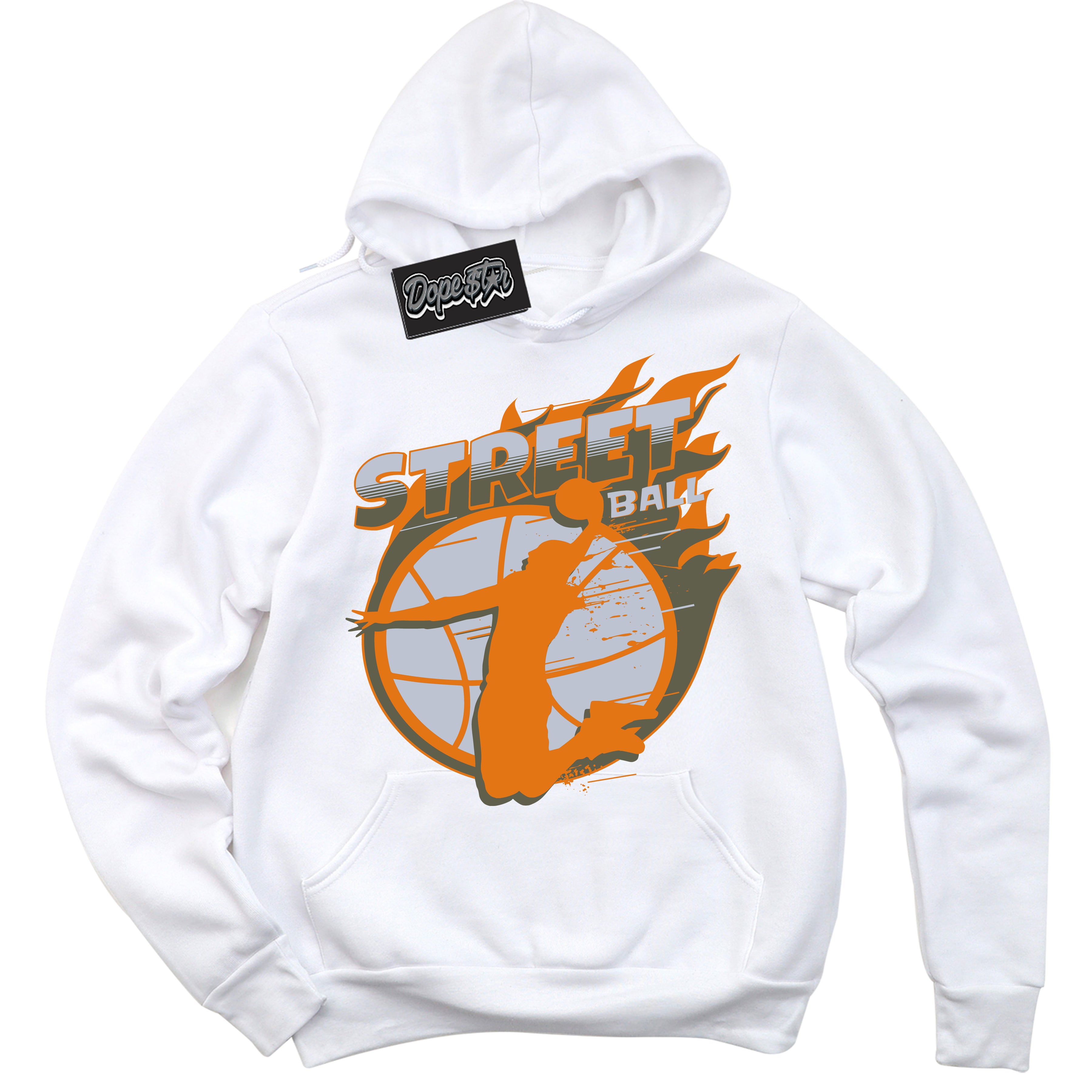 Cool White Hoodie with “ Street Ball ”  design that Perfectly Matches Olive 5s Sneakers.