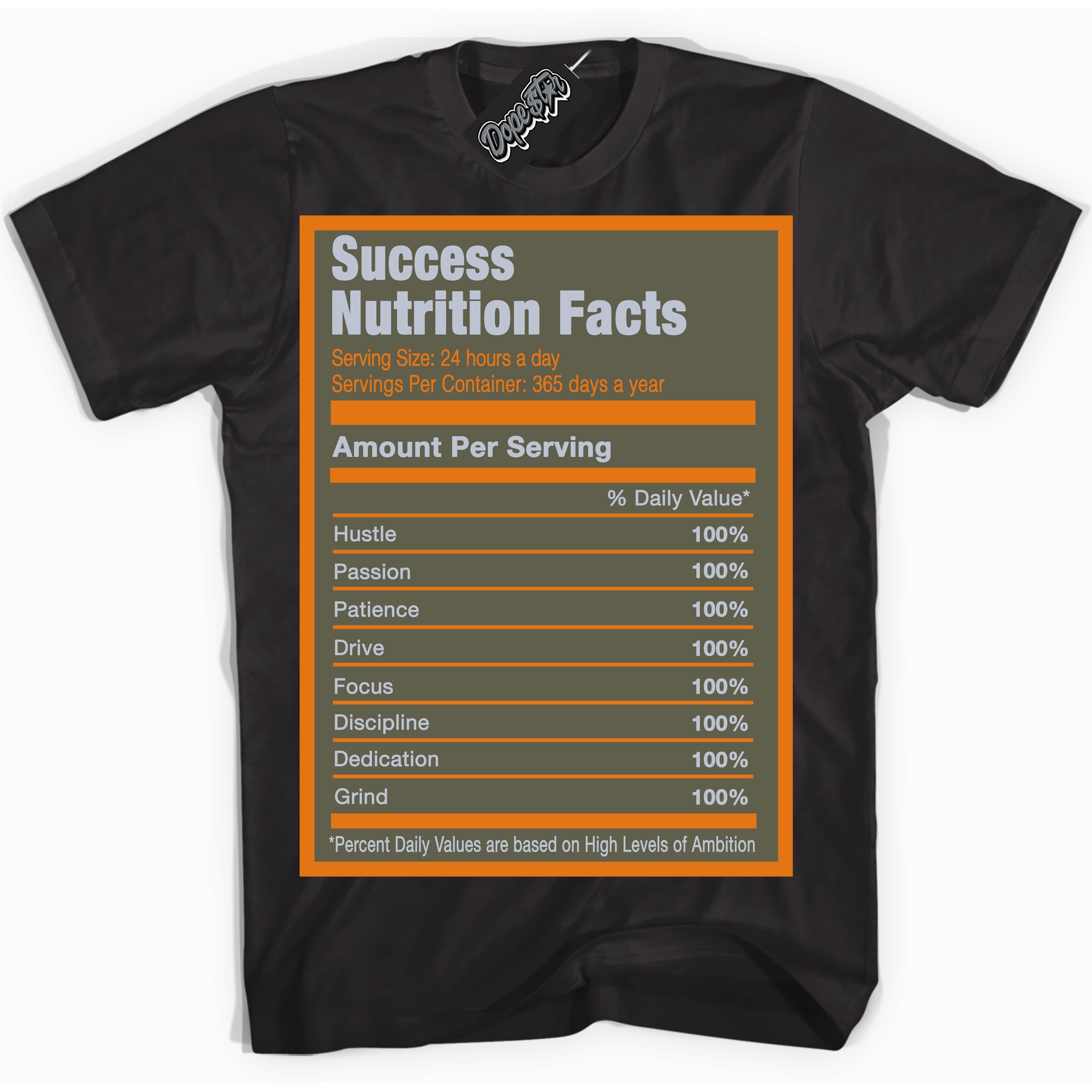 Cool Black Shirt with “ Success Nutrition” design that perfectly matches Olive 5s Sneakers.