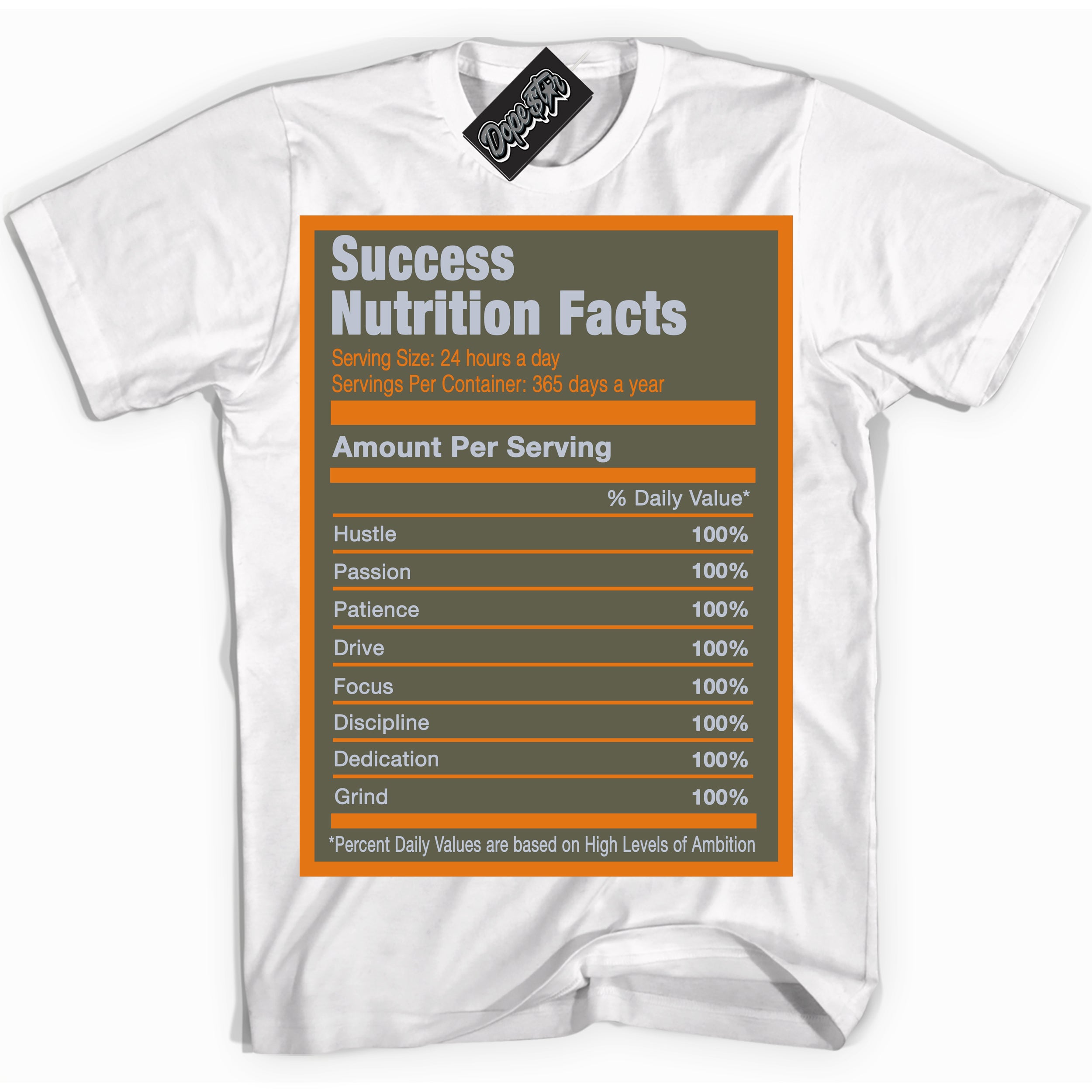 Cool White Shirt with “ Success Nutrition” design that perfectly matches Olive 5s Sneakers.