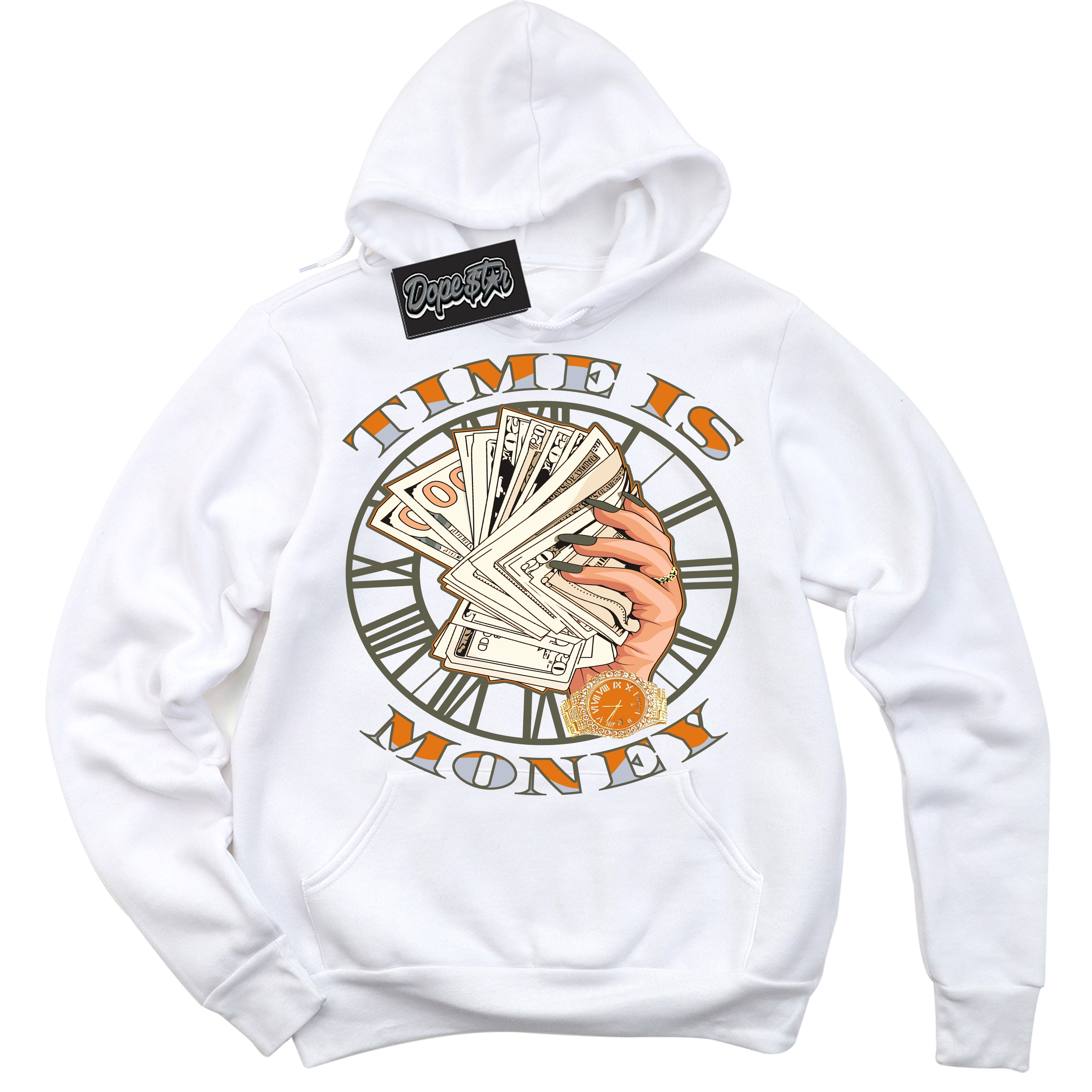 Cool White Hoodie with “ Time Is Money ”  design that Perfectly Matches Olive 5s Sneakers.