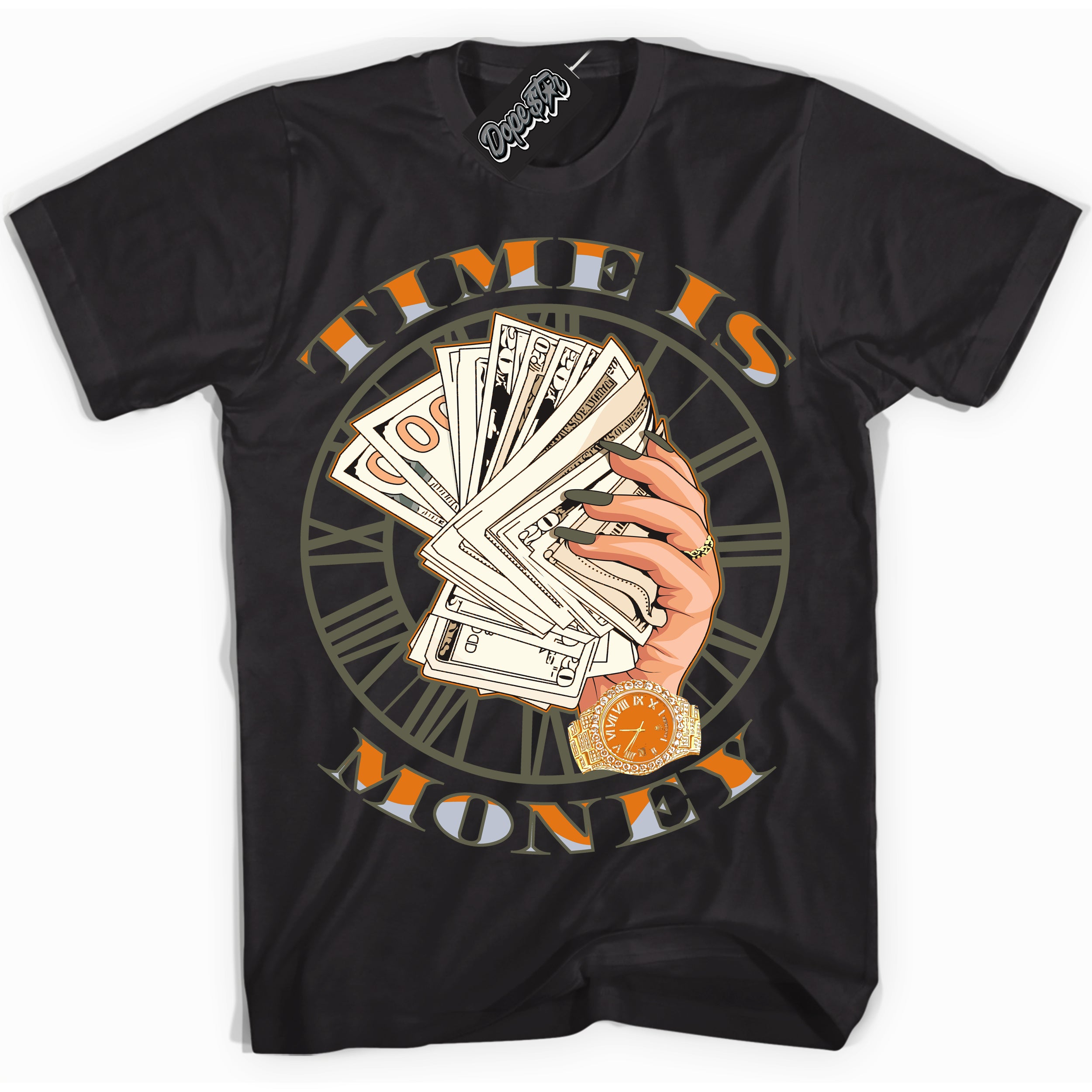 Cool Black Shirt with “ Time Is Money” design that perfectly matches Olive 5s Sneakers.