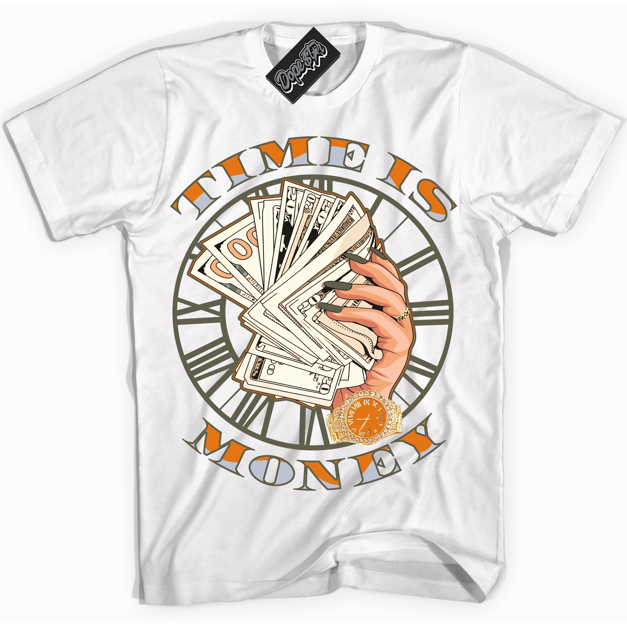 Cool White Shirt with “ Time Is Money” design that perfectly matches Olive 5s Sneakers.