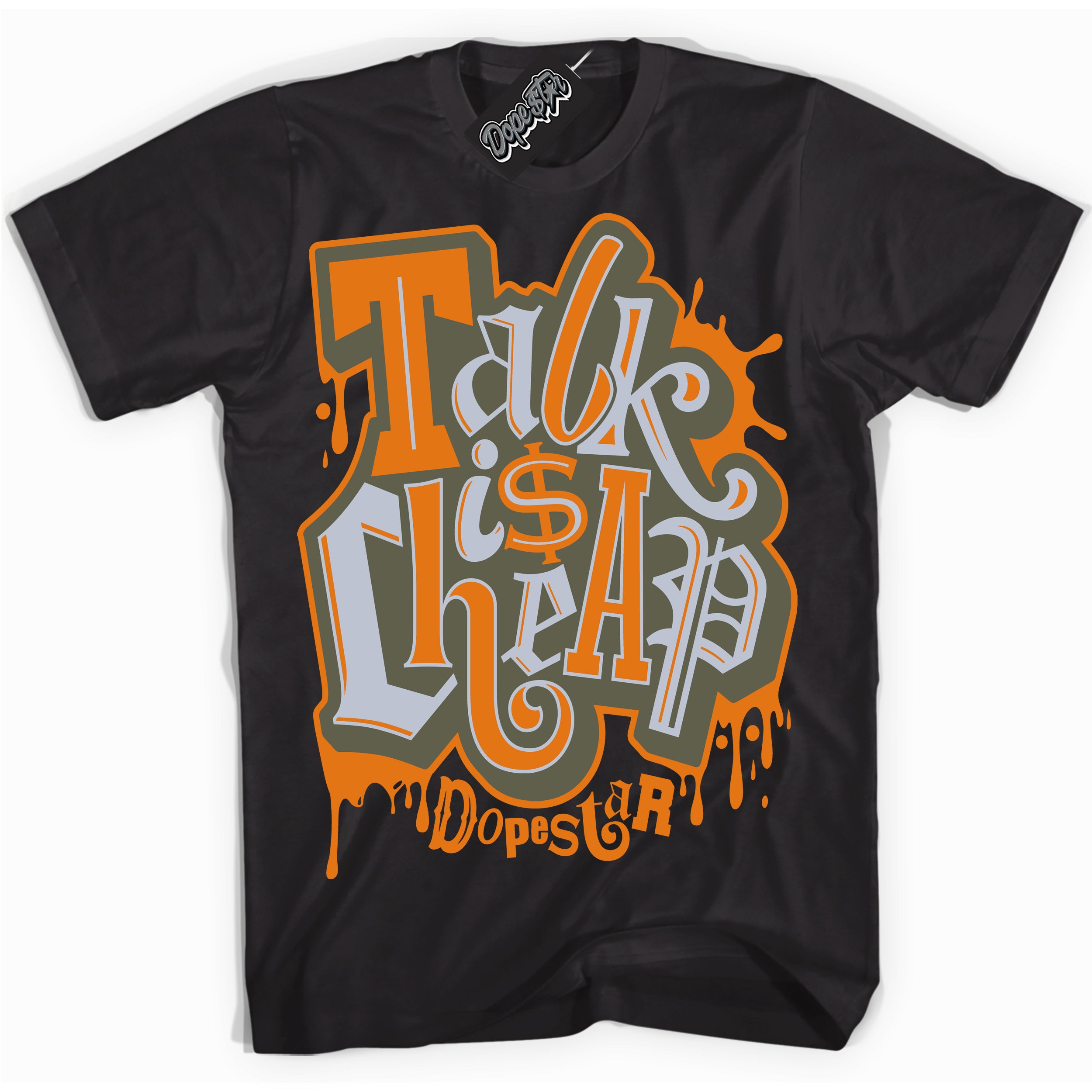 Cool Black Shirt with “ Talk Is Cheap” design that perfectly matches Olive 5s Sneakers.