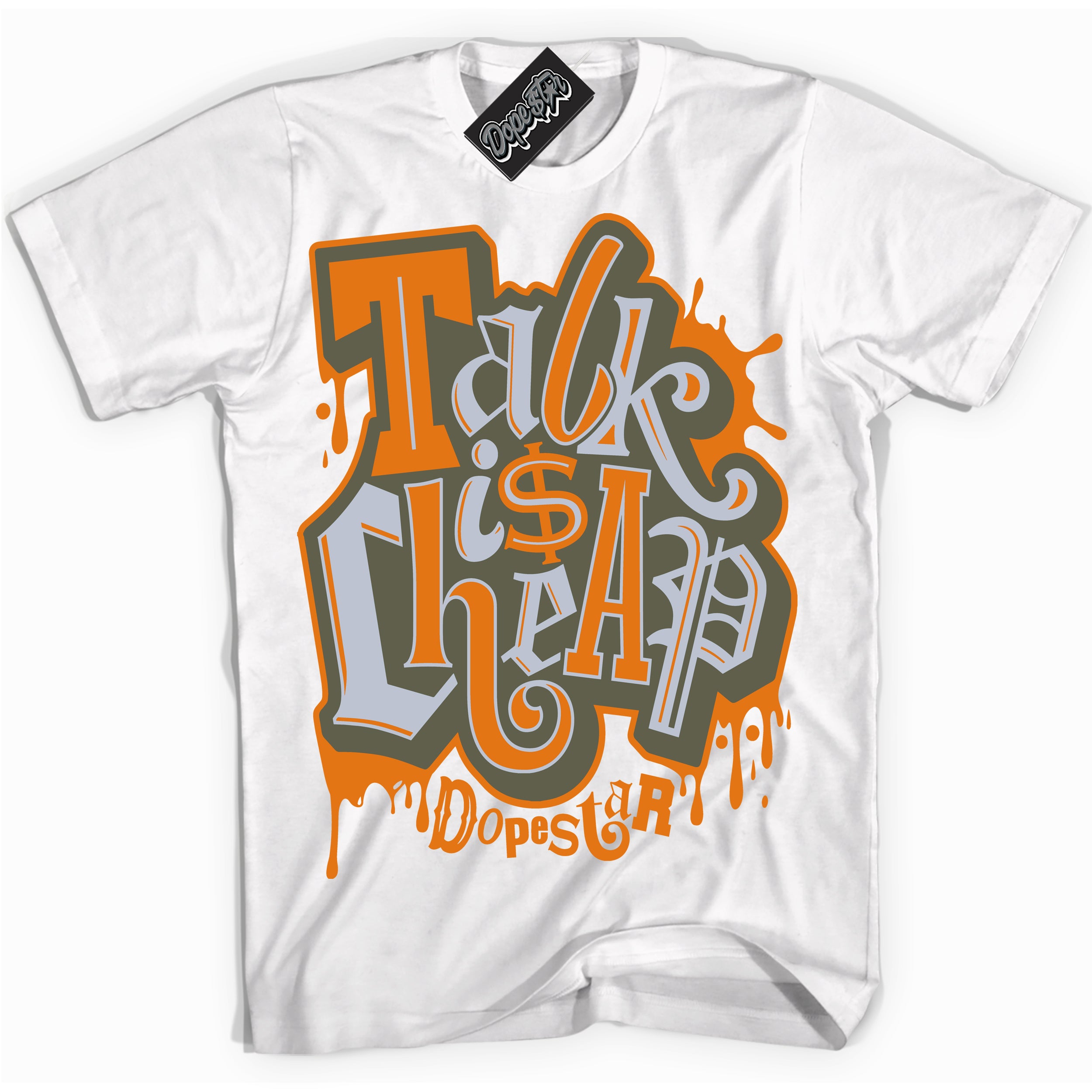 Cool White Shirt with “ Talk Is Cheap” design that perfectly matches Olive 5s Sneakers.