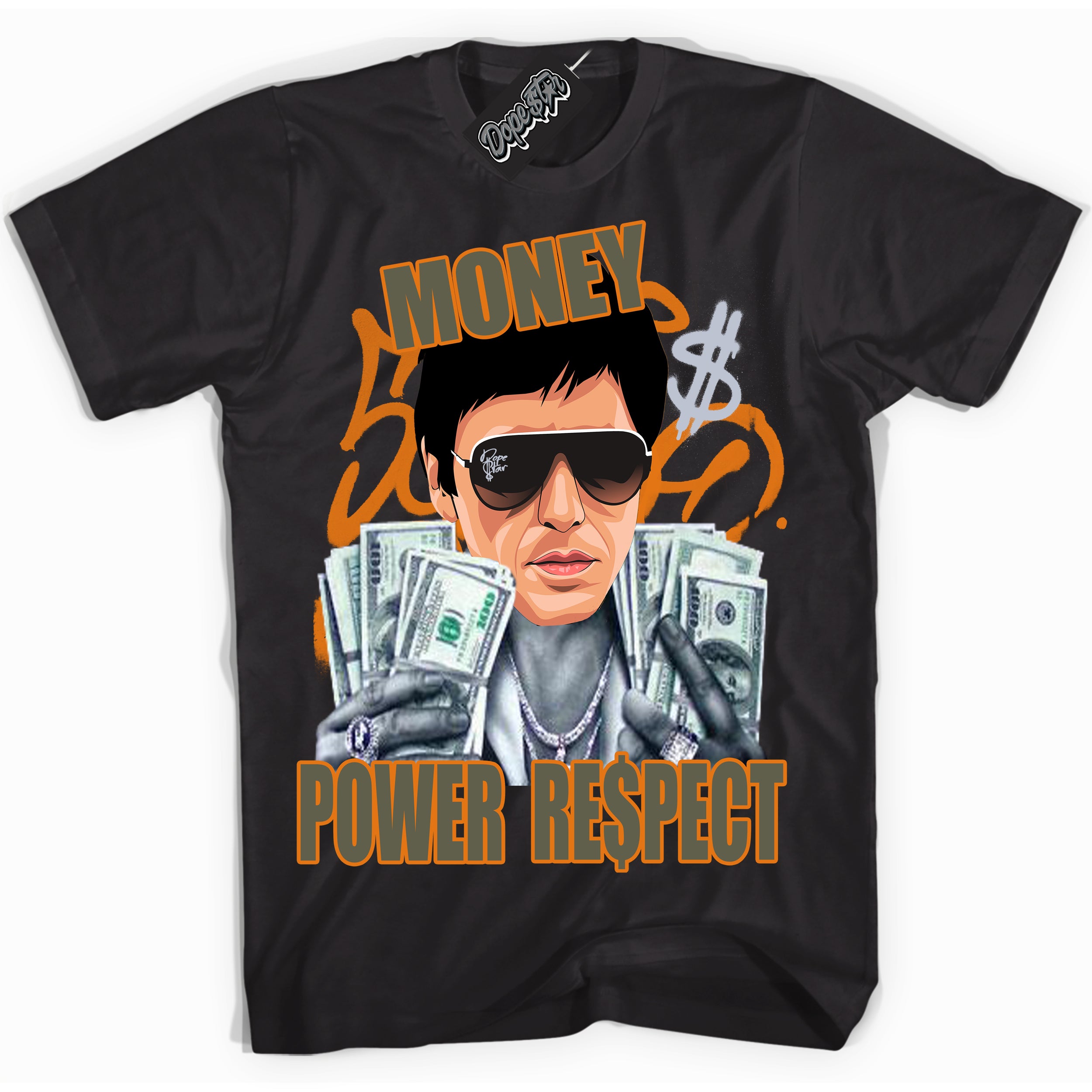 Cool Black Shirt with “ Tony Montana” design that perfectly matches Olive 5s Sneakers.