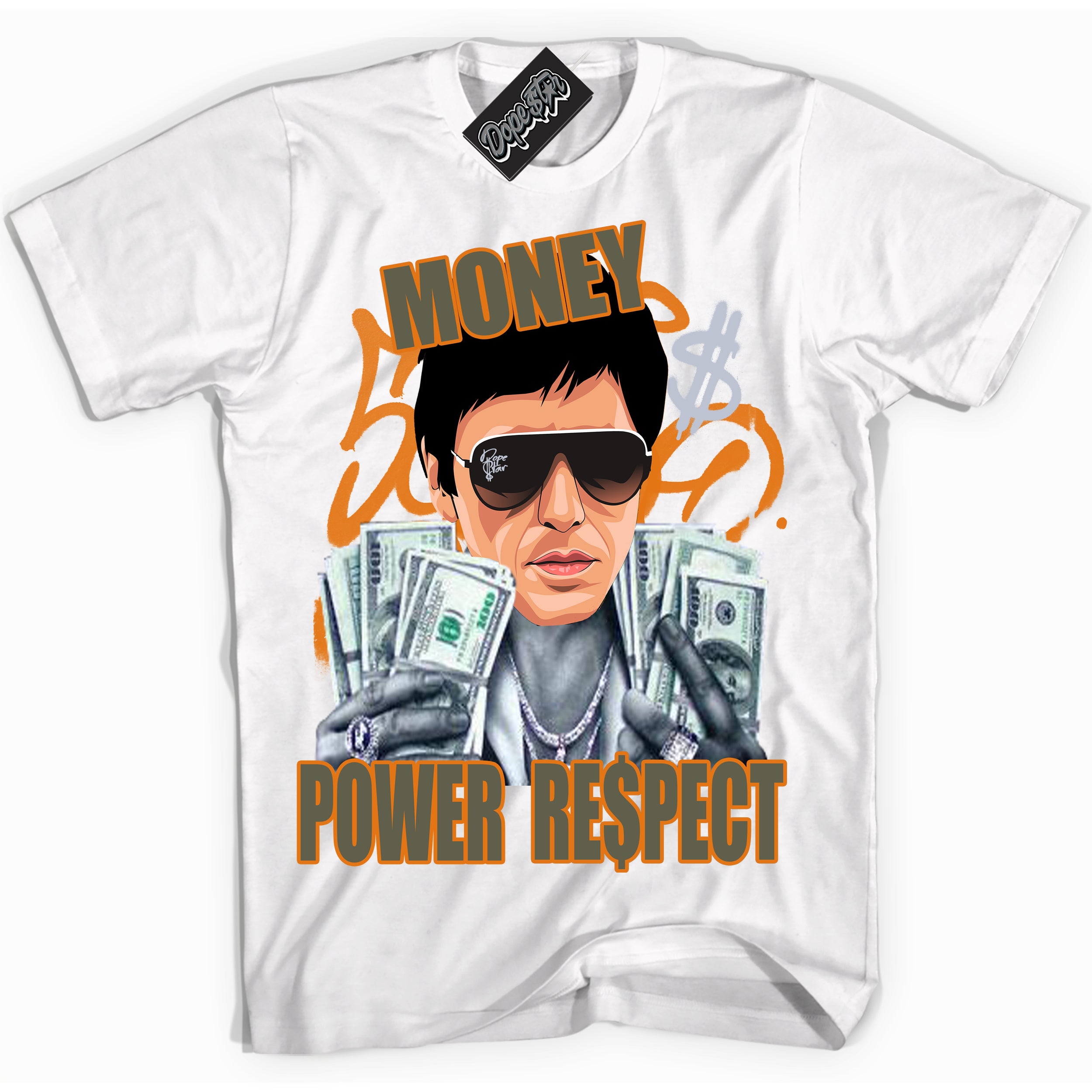 Cool White Shirt with “ Tony Montana” design that perfectly matches Olive 5s Sneakers.