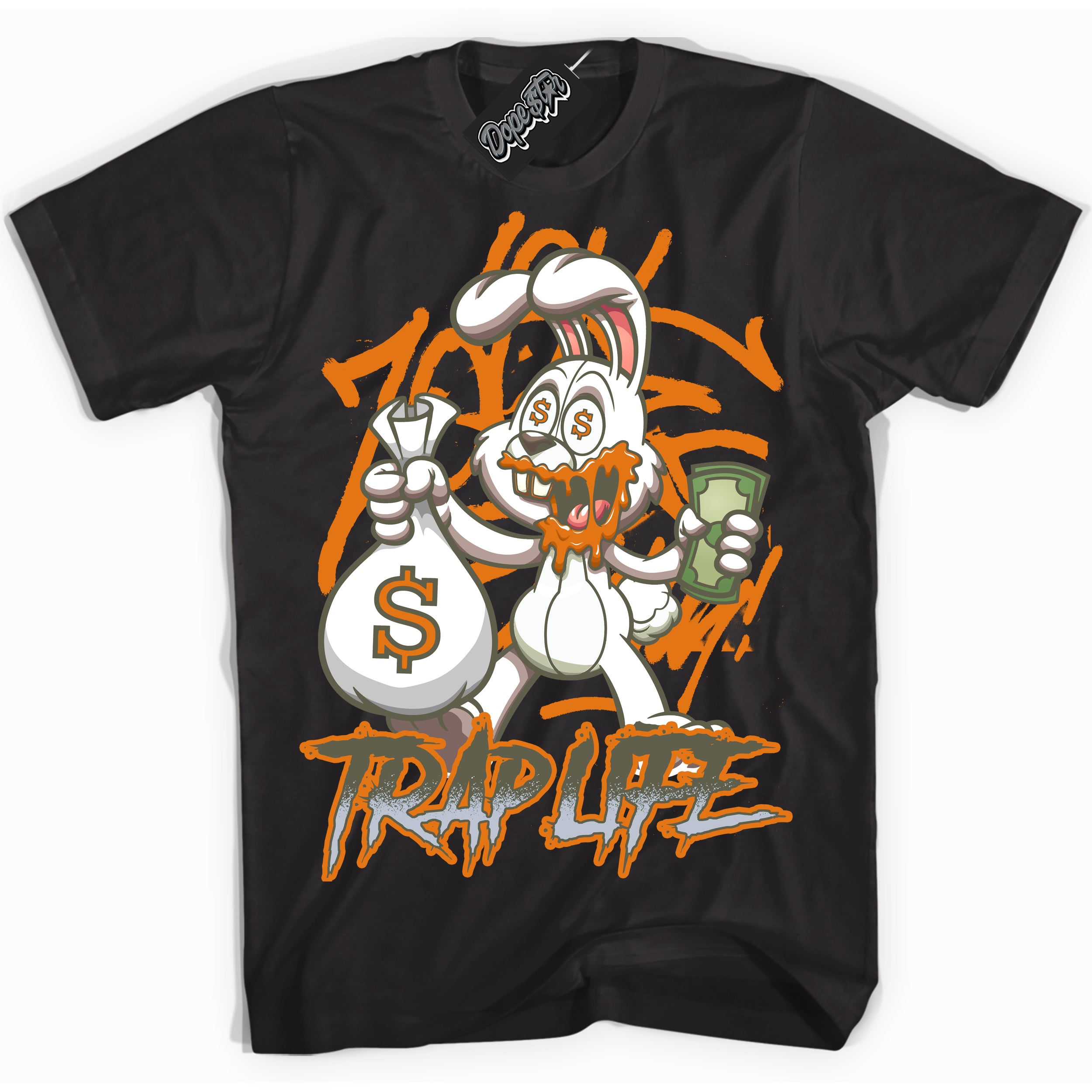 Cool Black Shirt with “ Trap Rabbit” design that perfectly matches Olive 5s Sneakers.