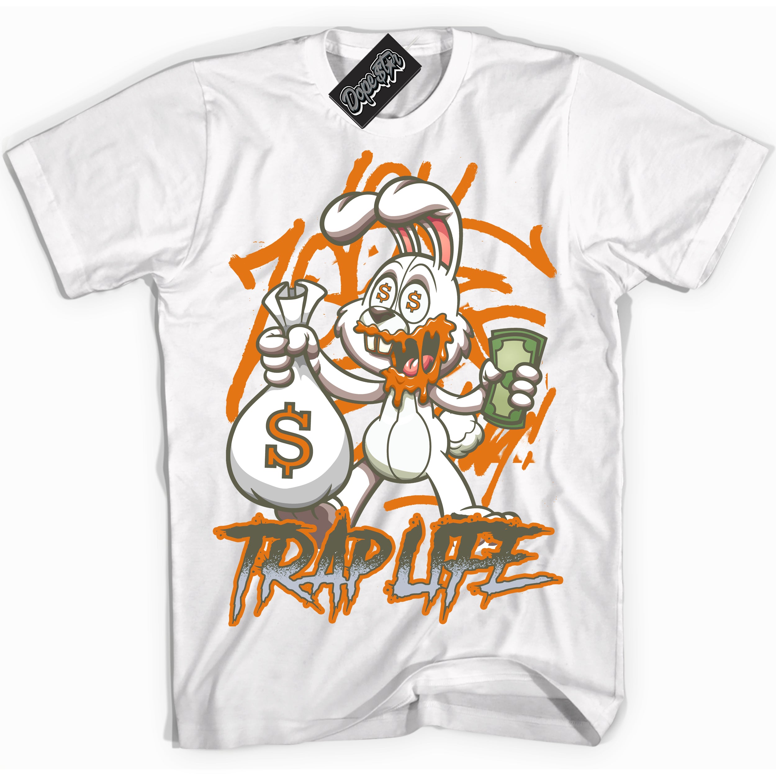 Cool White Shirt with “ Trap Rabbit” design that perfectly matches Olive 5s Sneakers.