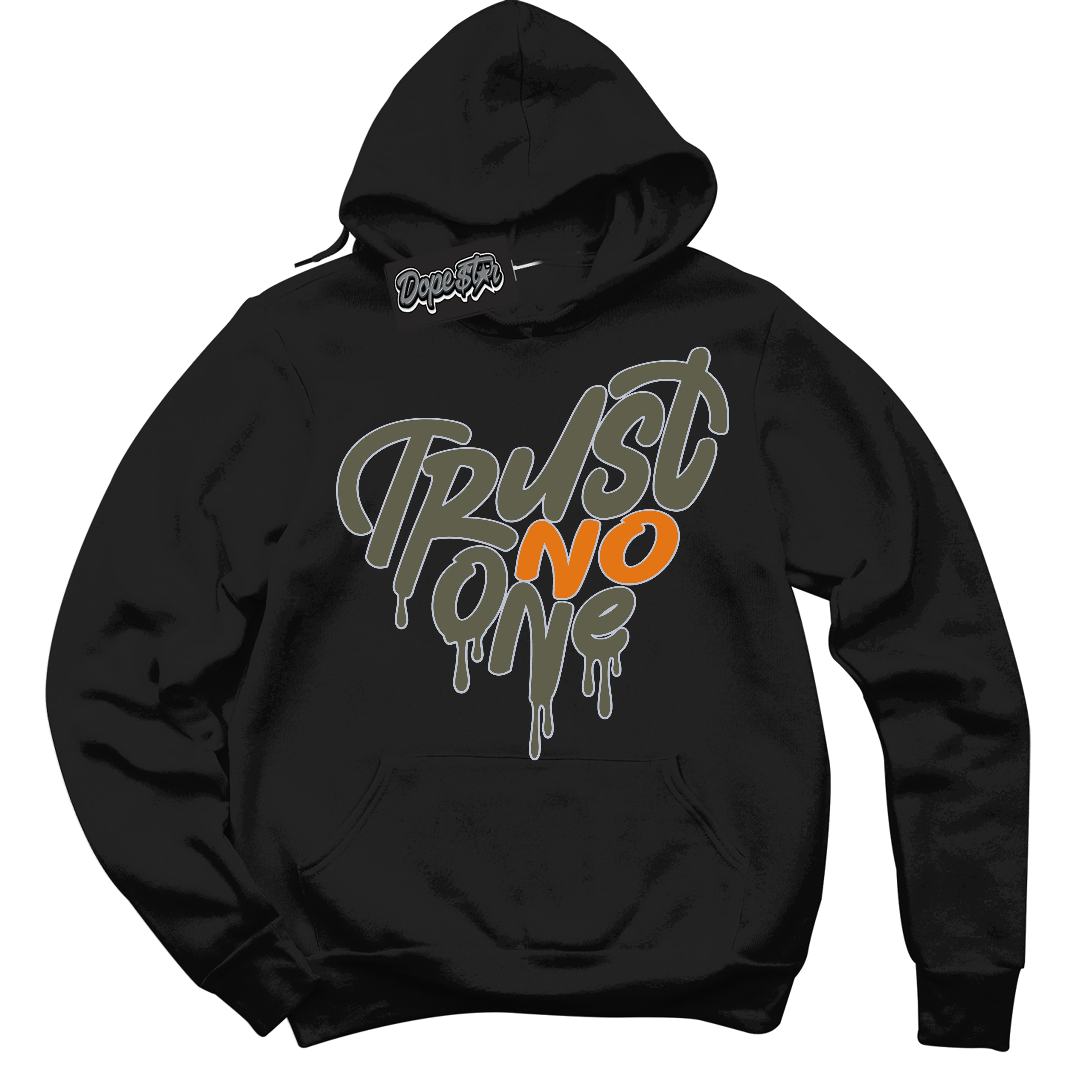 Cool Black Hoodie with “ Trust No One Heart ”  design that Perfectly Matches Olive 5s Sneakers.