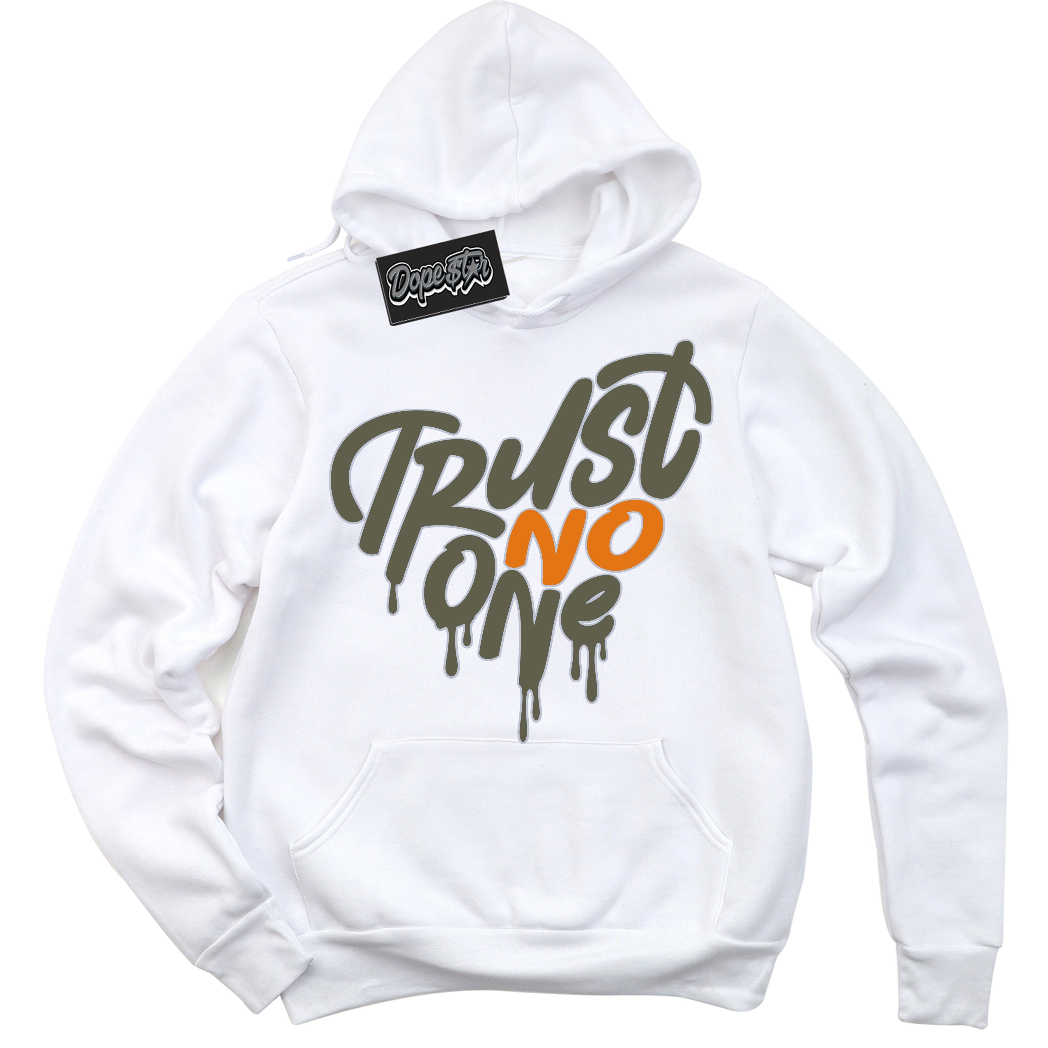 Cool White Hoodie with “ Trust No One Heart ”  design that Perfectly Matches Olive 5s Sneakers.