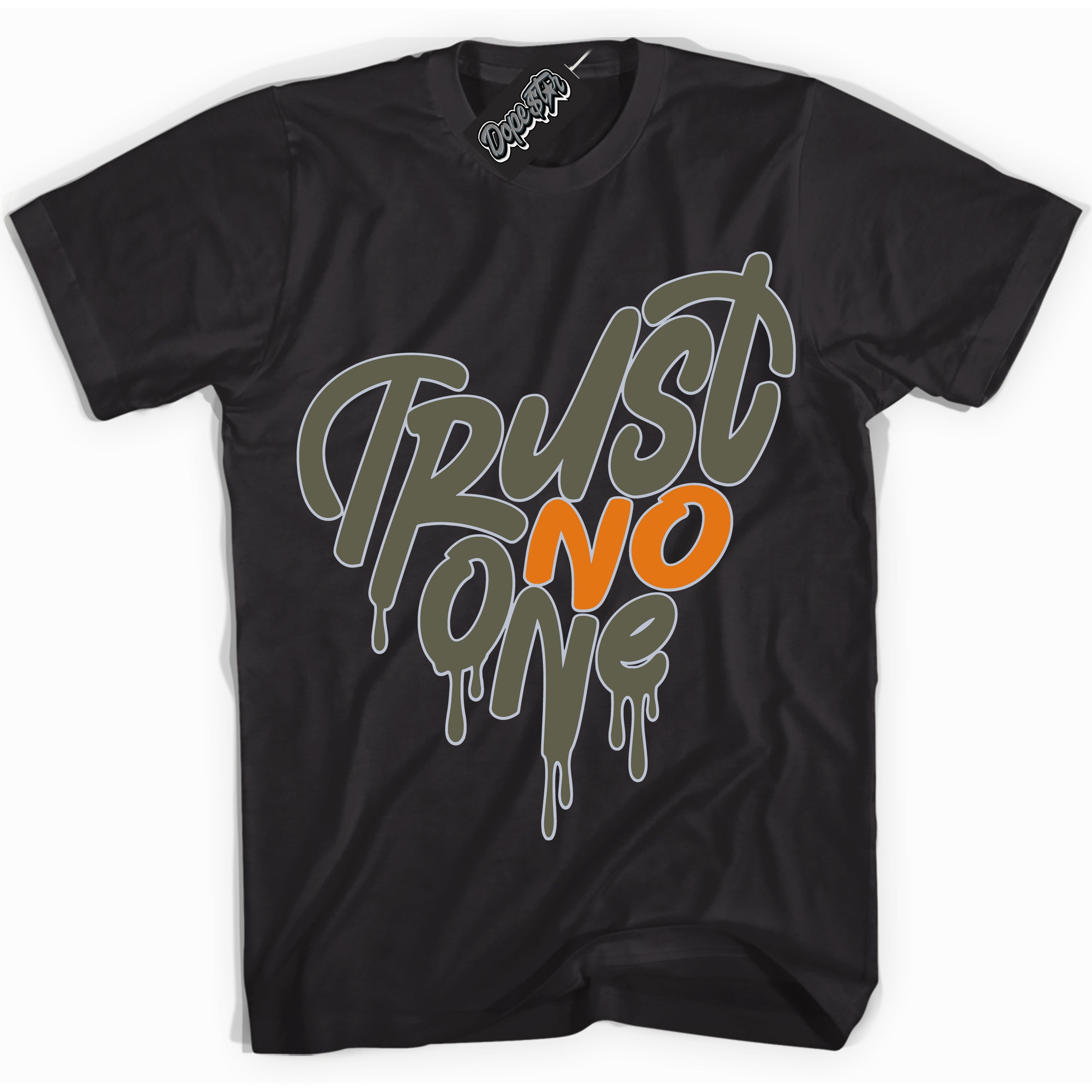 Cool Black Shirt with “ Trust No One Heart” design that perfectly matches Olive 5s Sneakers.