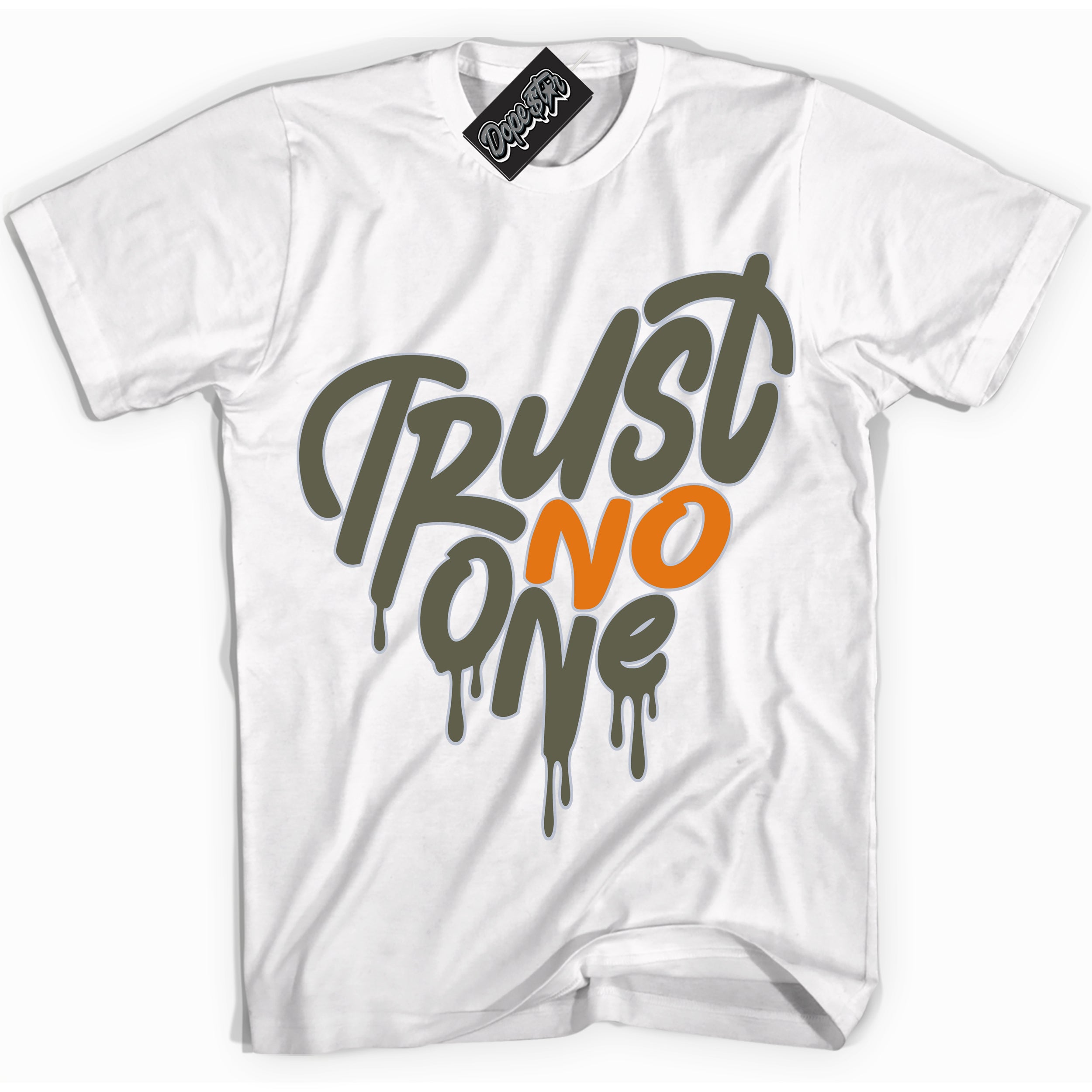 Cool White Shirt with “ Trust No One Heart” design that perfectly matches Olive 5s Sneakers.